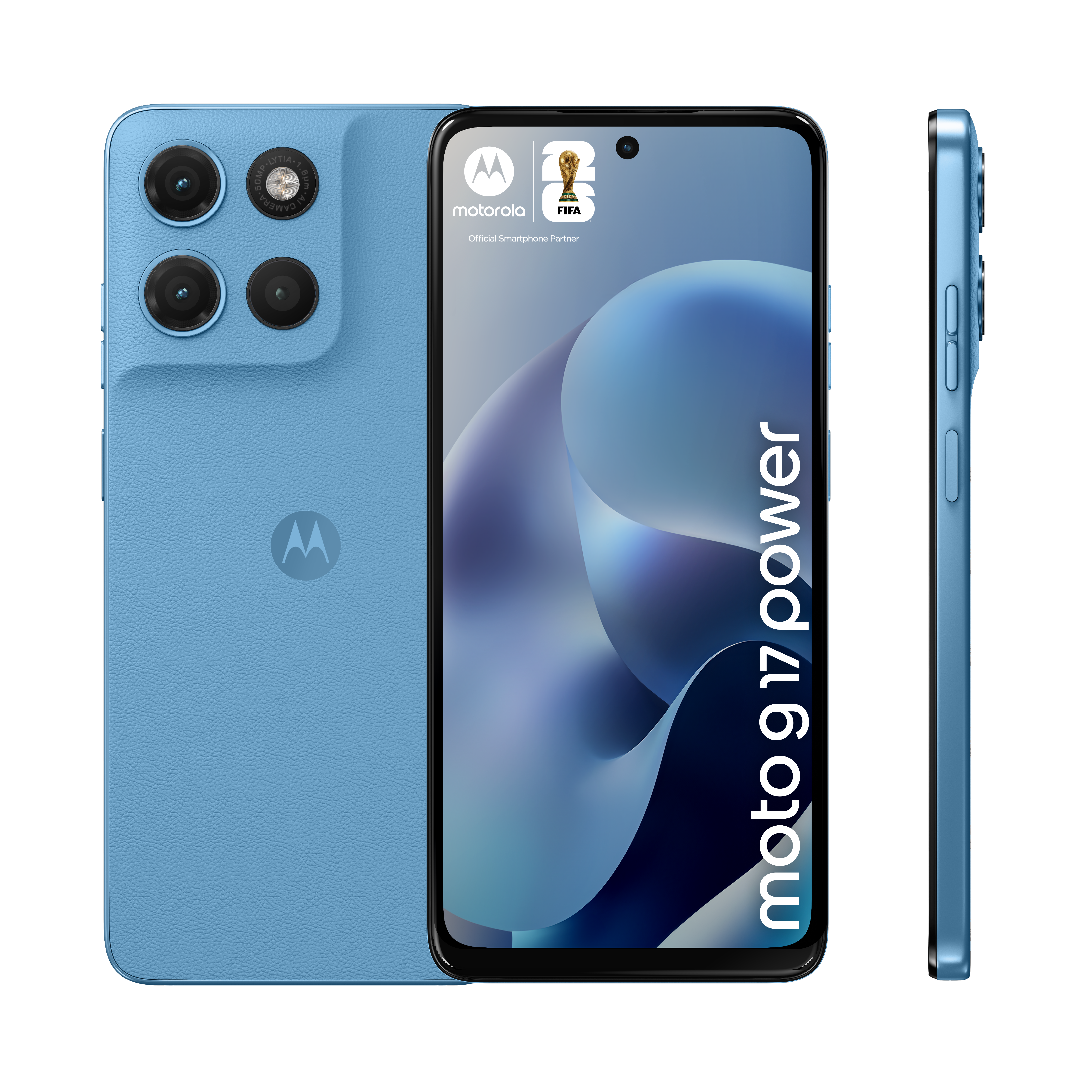 Niebieski smartfon Motorola z trzema aparatami z tyłu.