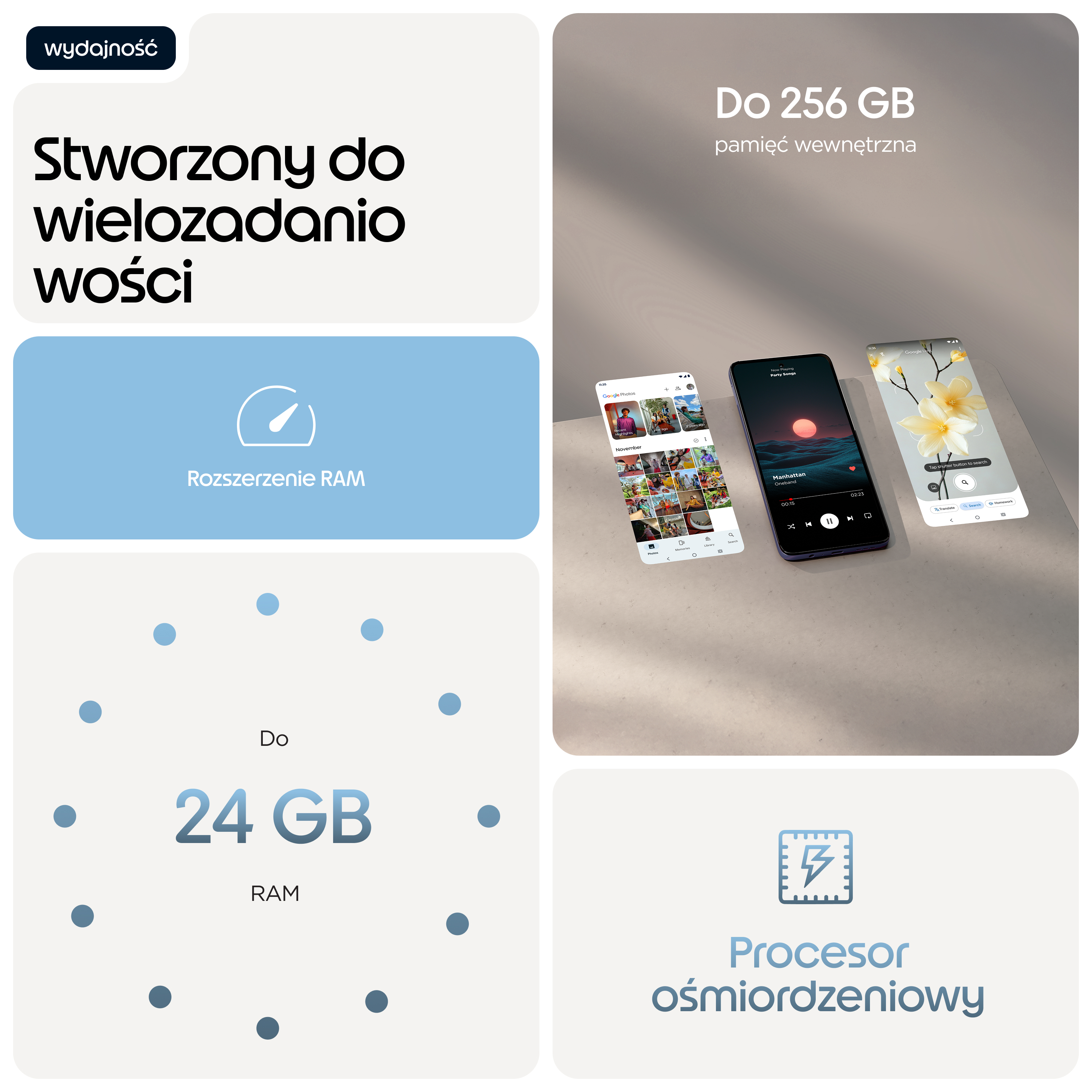 Obraz przedstawia smartfon z 256 GB pamięci i 24 GB RAM.