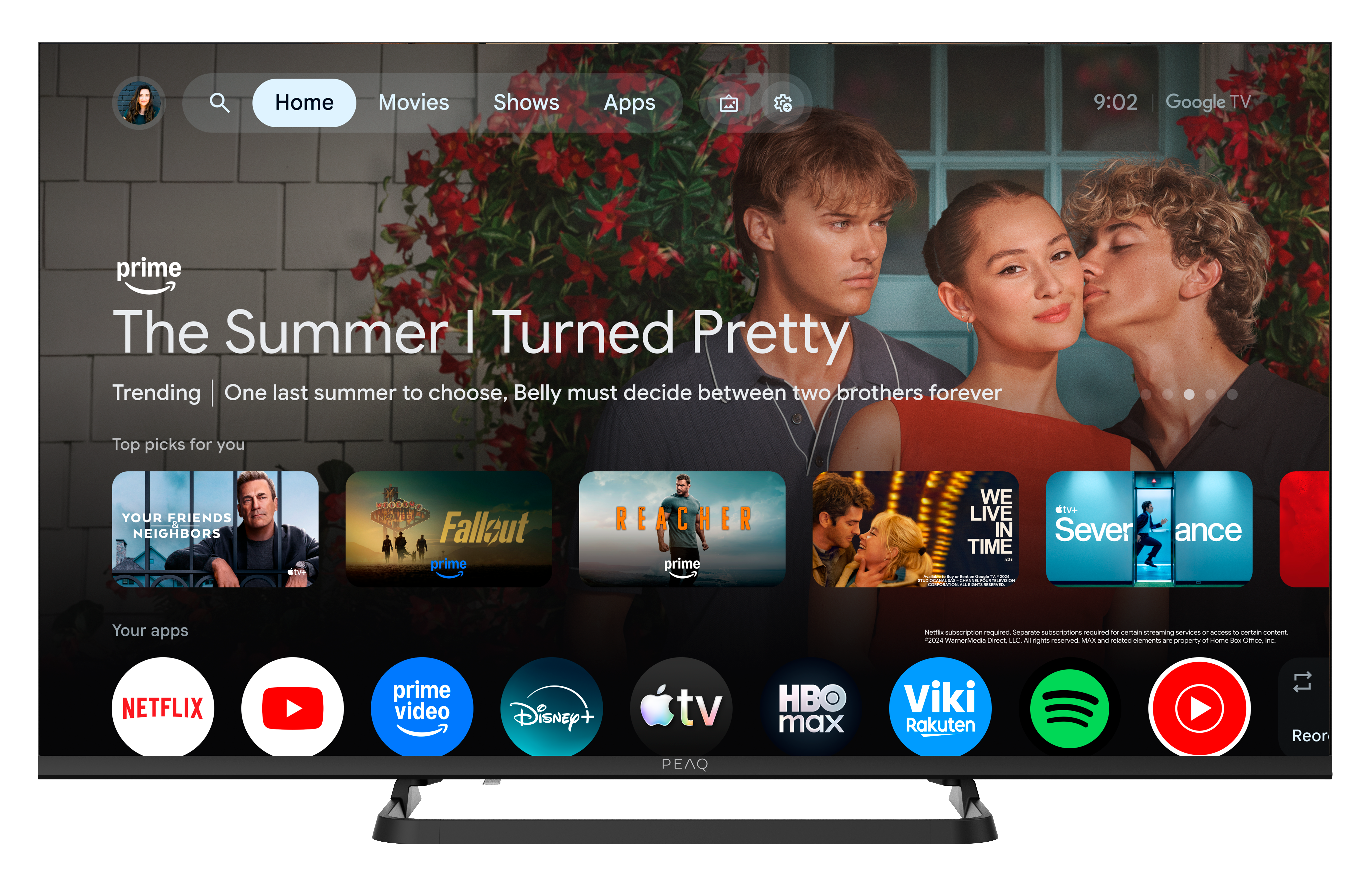 Ekran główny telewizora z filmami i aplikacjami, takimi jak Netflix, Prime Video i Disney+.