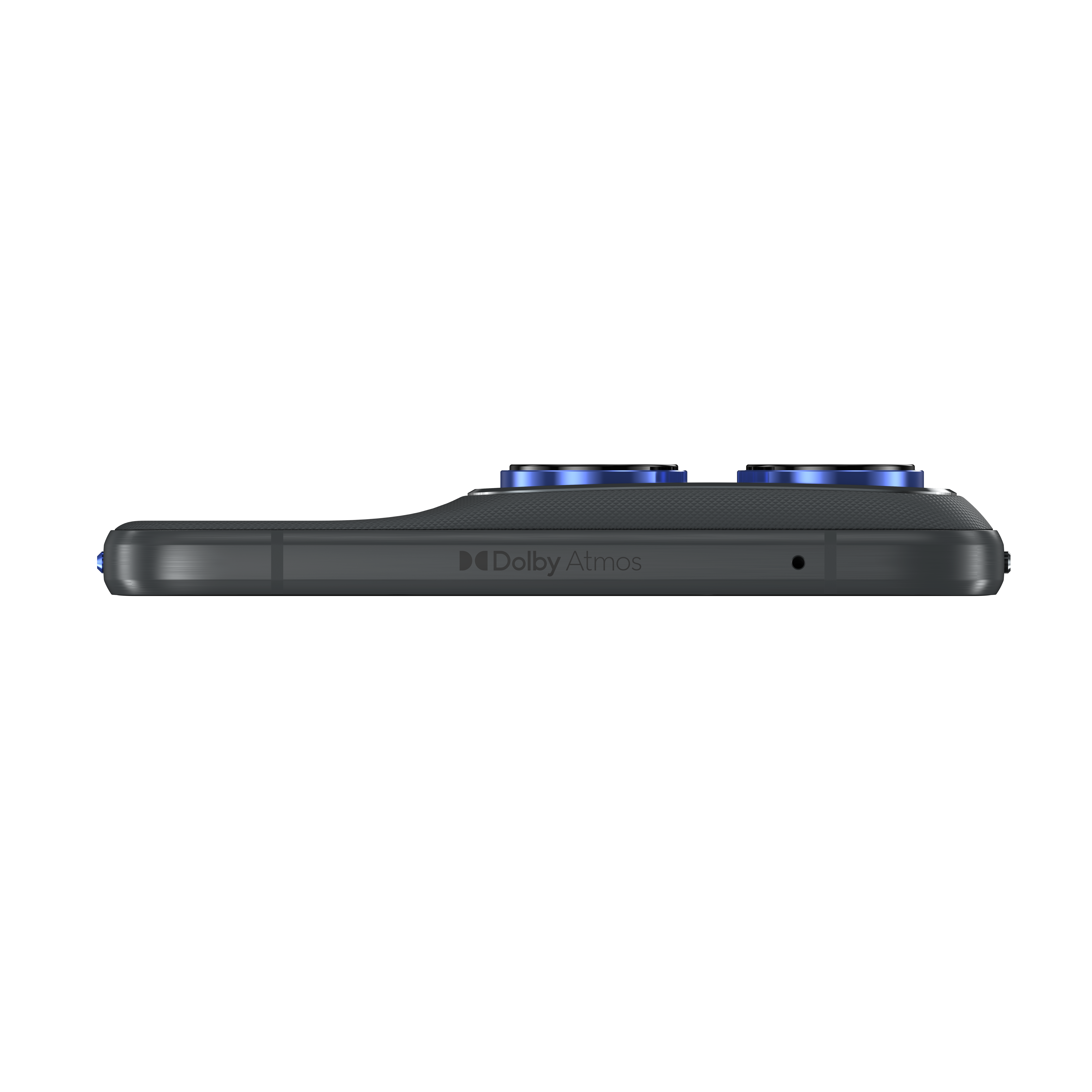 Ciemnoszary smartfon z niebieskimi obiektywami aparatu w profilu, logo Dolby Atmos.
