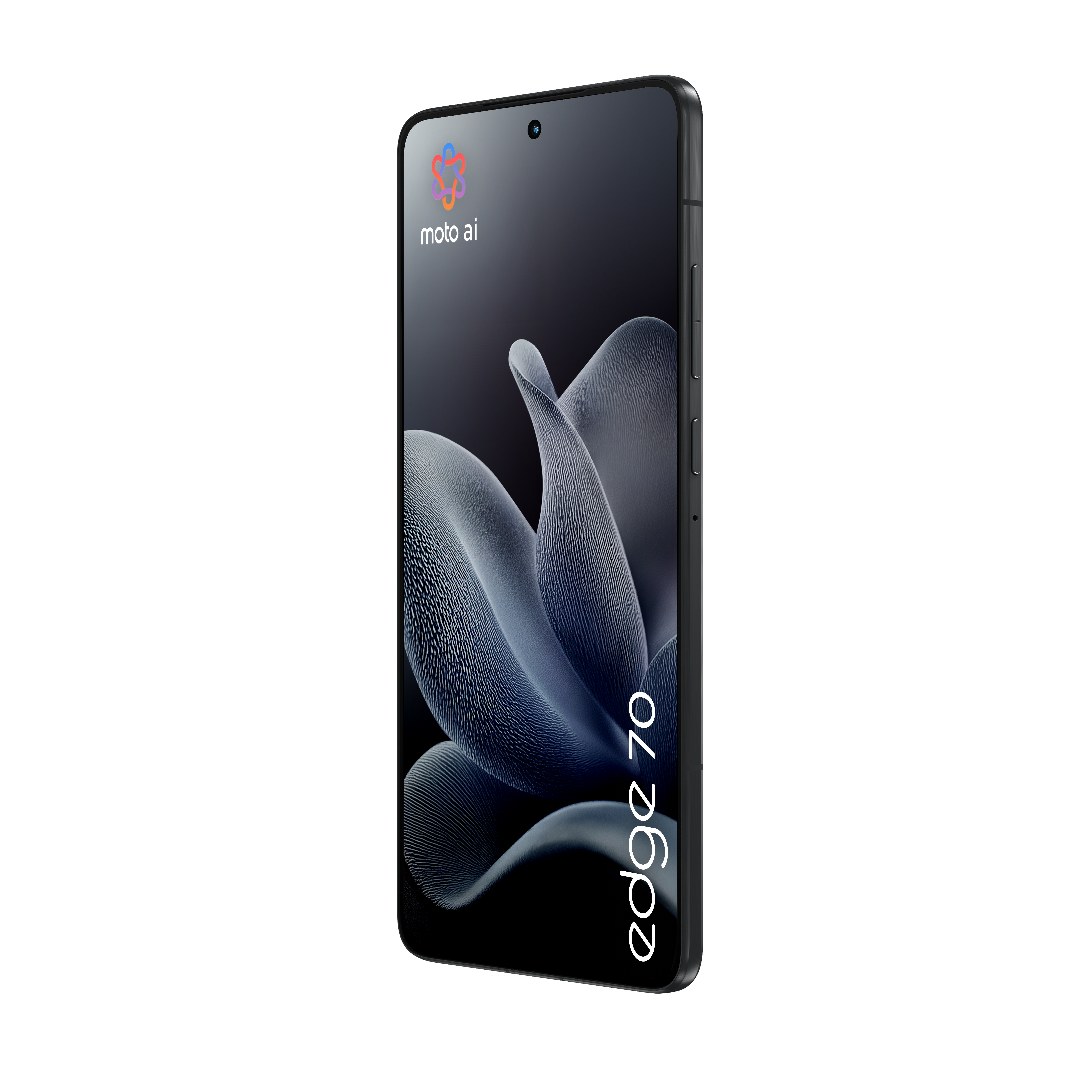 Ciemny smartfon Motorola Edge 70 z abstrakcyjnym tłem na ekranie.