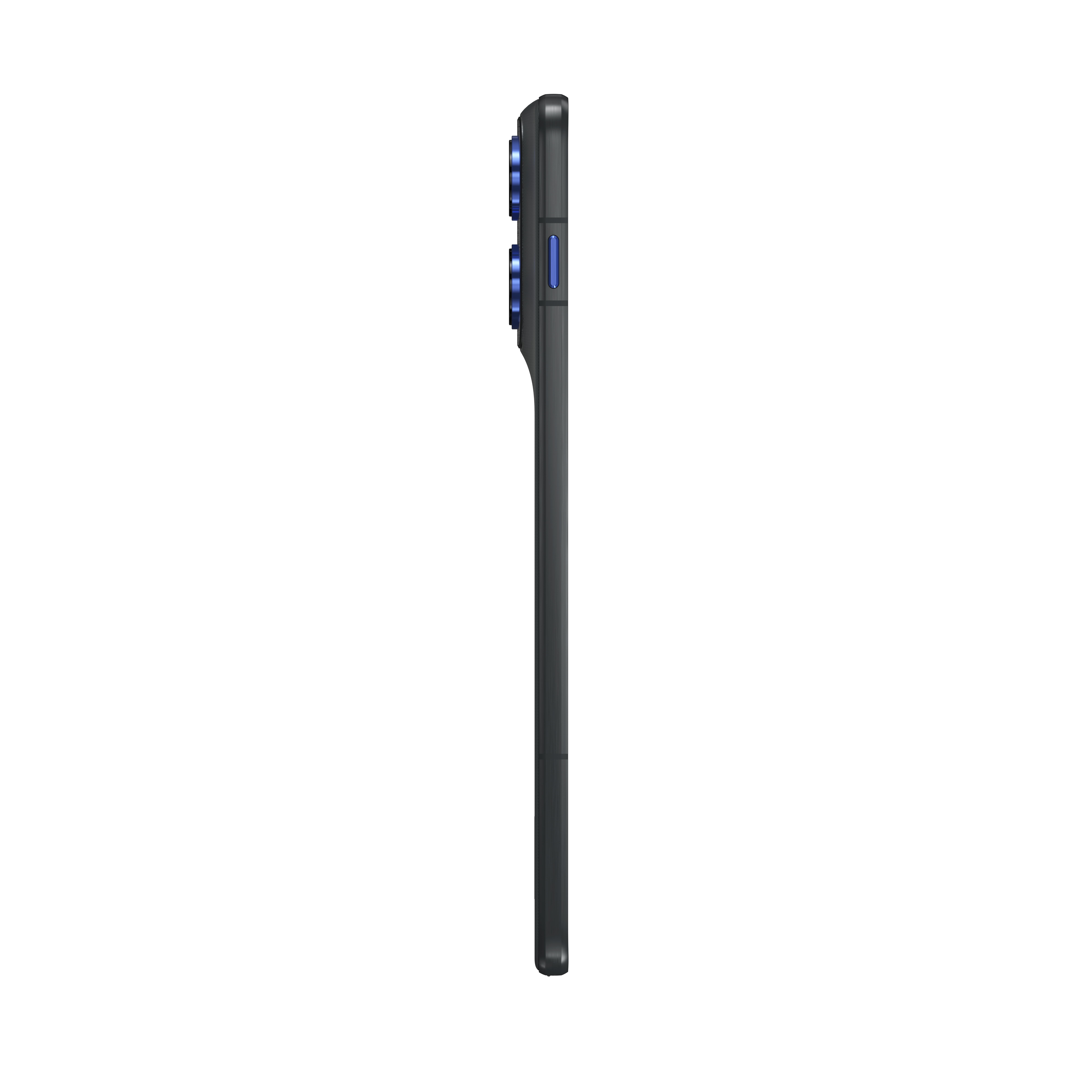 Ciemnoszary smartfon z profilu bocznego z niebieskimi akcentami kamery na czarnym tle.