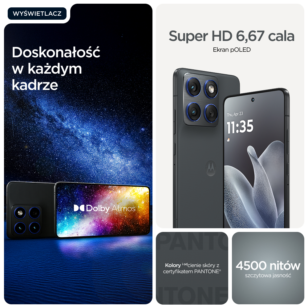 Dwa czarne smartfony z aparatami i logo Dolby Atmos na tle nocnego nieba.