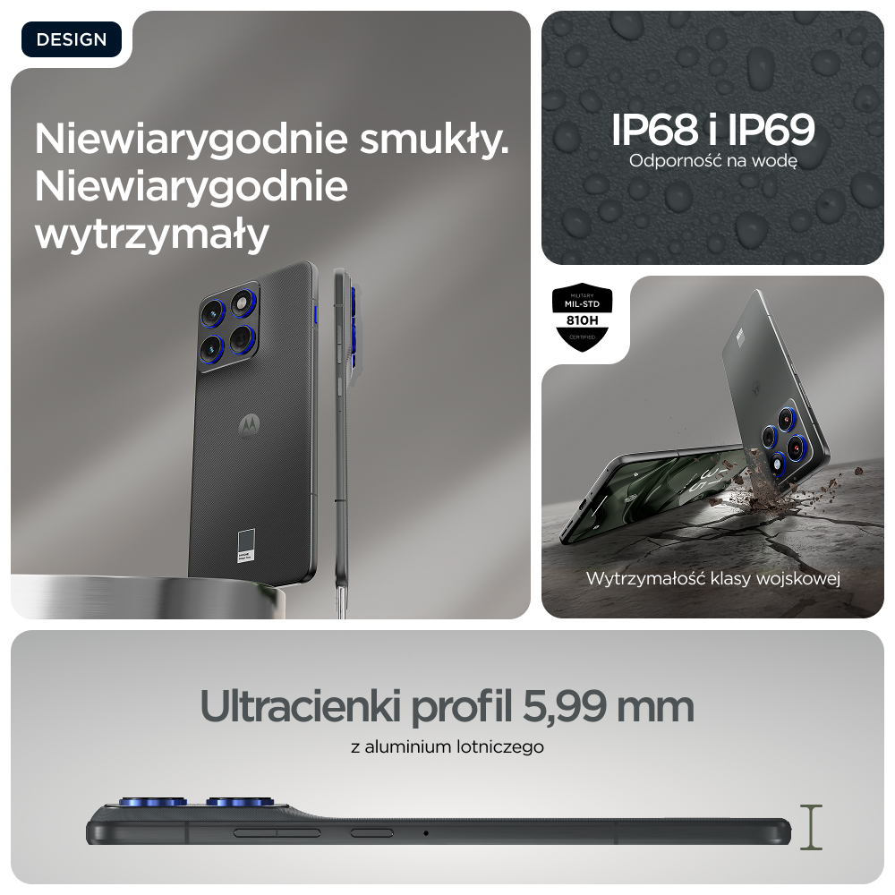Szary telefon, wodoodporny IP68/IP69, wytrzymałość wojskowa, 5,99 mm smukły.