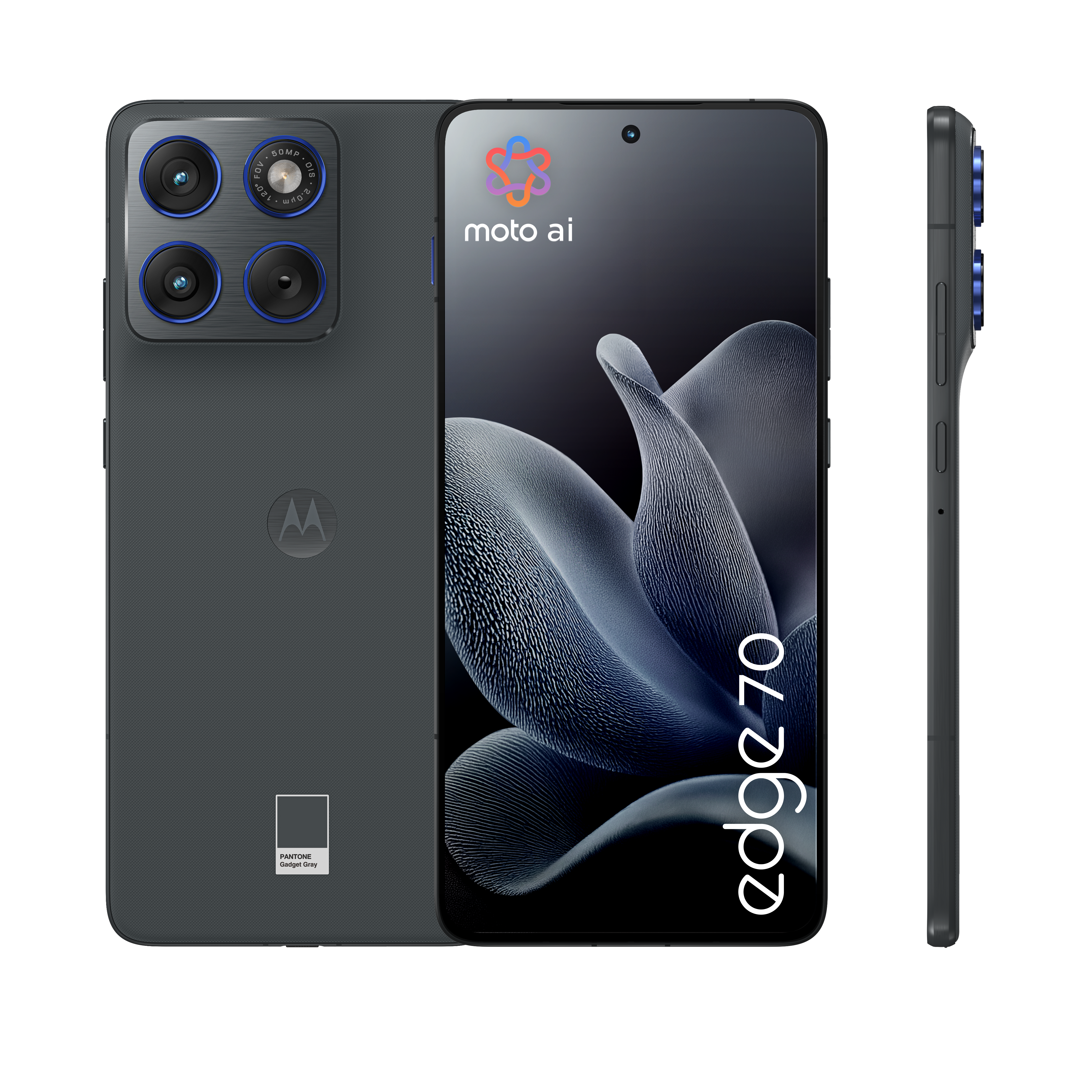 Trzy widoki szarego smartfona Motorola Edge 70, pokazujące aparat i logo.