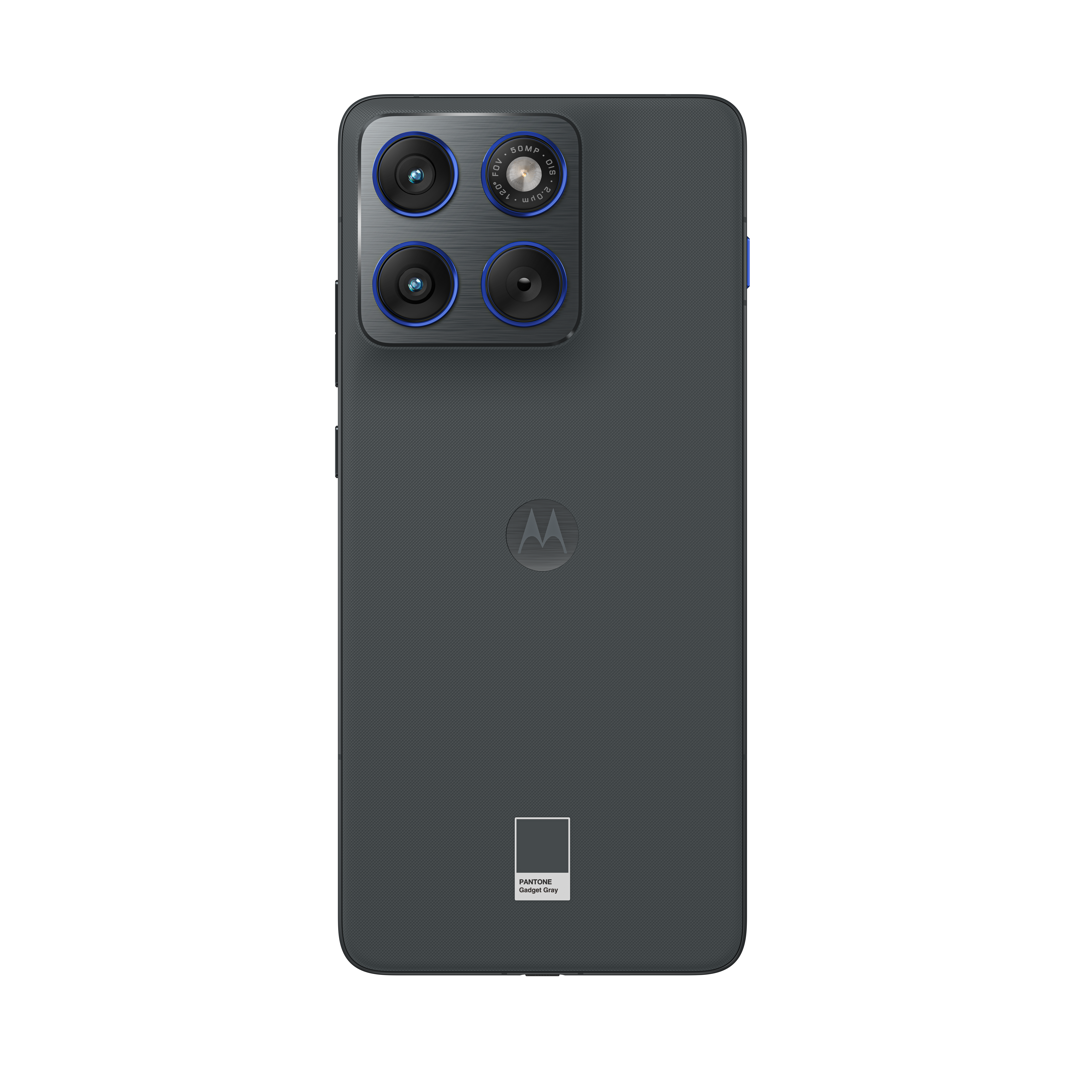 Tył szarego smartfona Motorola z czterema aparatami i logo Pantone.