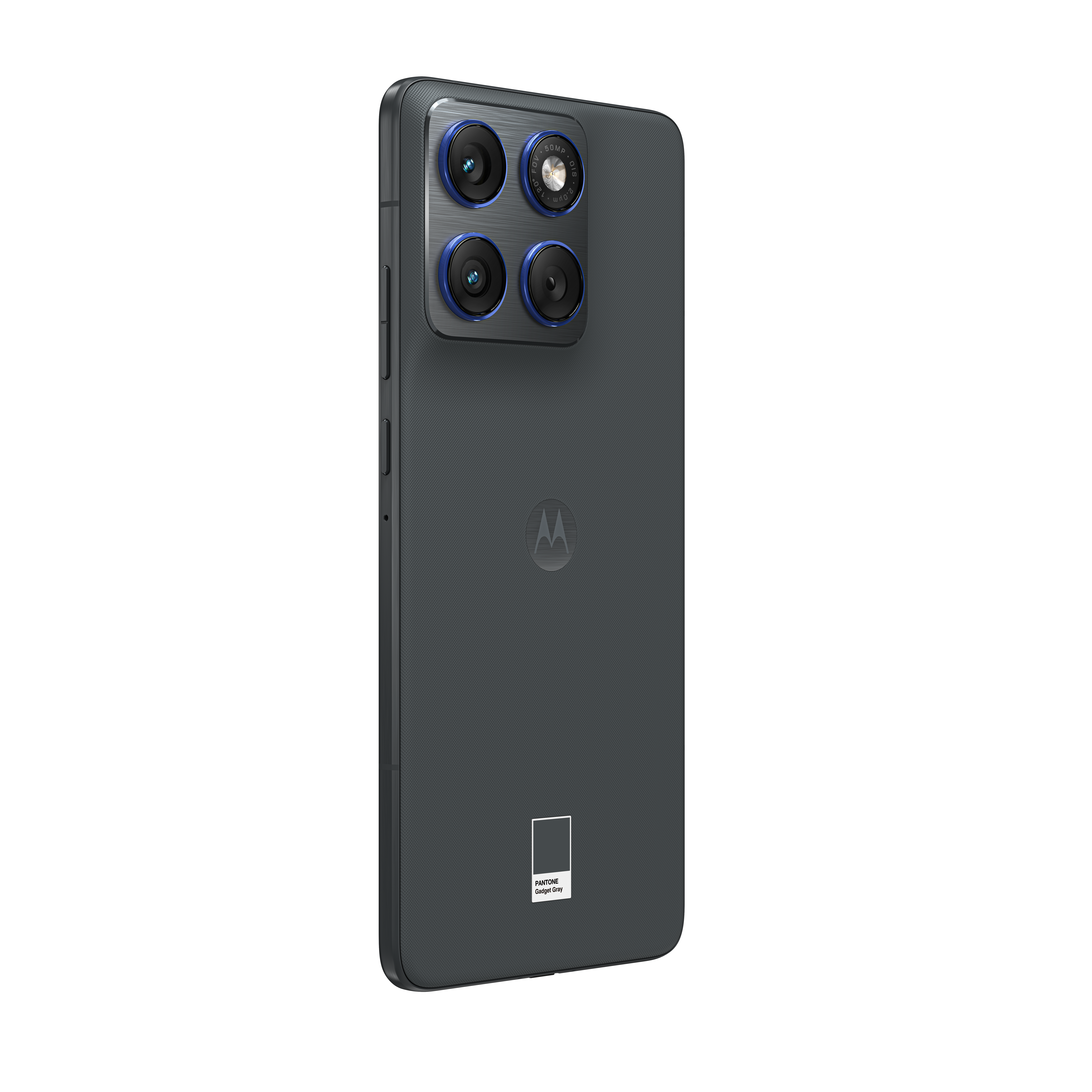Ciemnoszary smartfon z czterema aparatami i logo PANTONE Gadget Gray.
