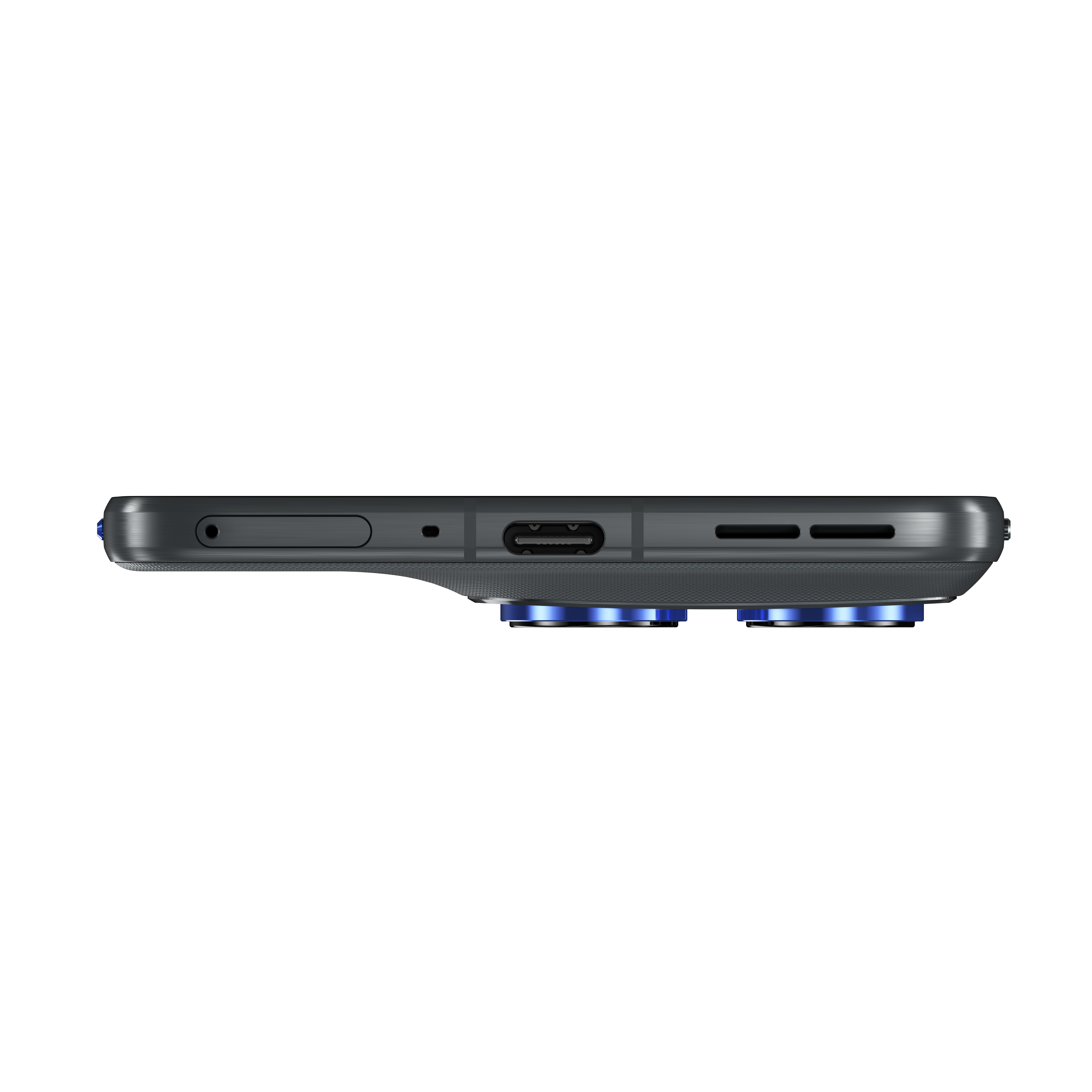 Zbliżenie dolnej krawędzi ciemnego smartfona z portem USB-C.
