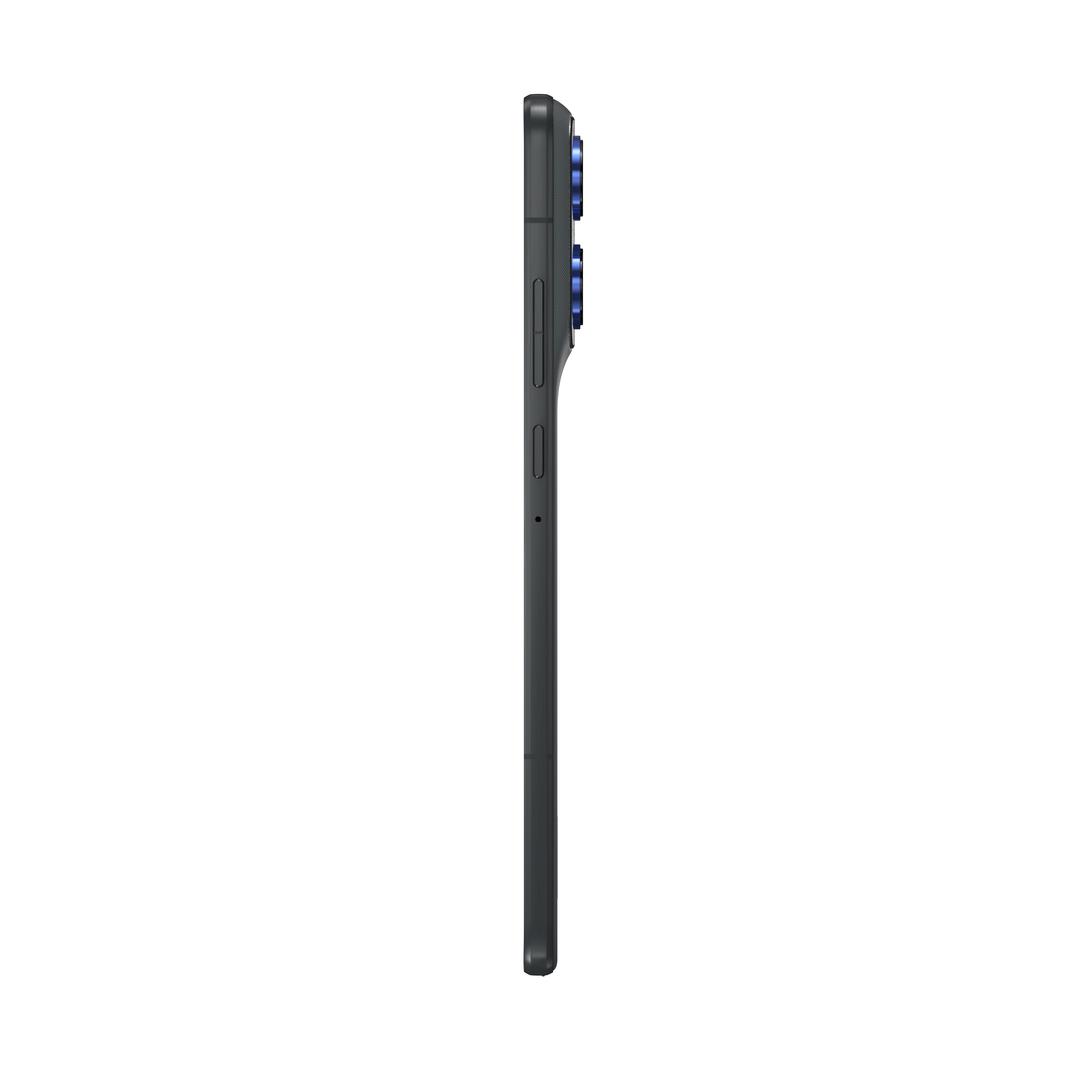 Szary smartfon z profilu z niebieskimi obiektywami aparatu.