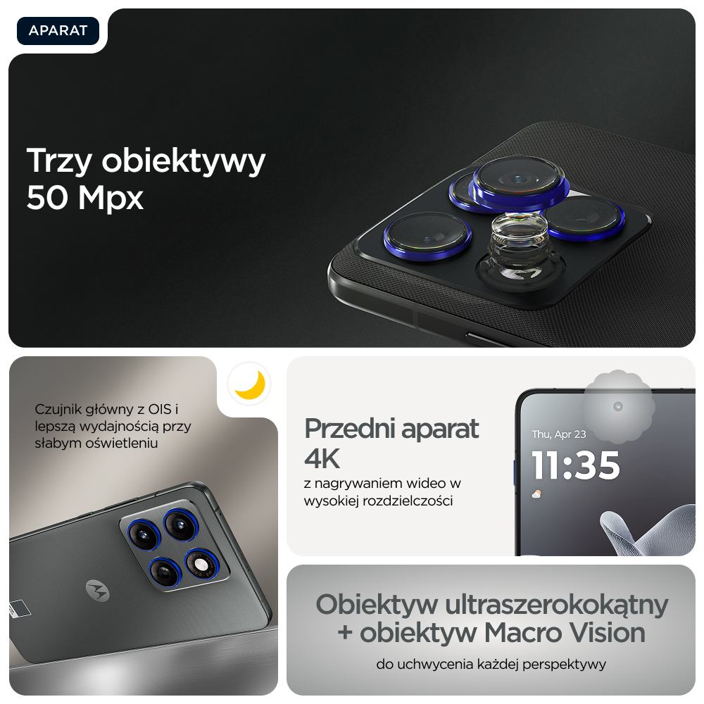 Potrójny aparat 50MP z OIS, przedni aparat 4K i obiektywy ultraszerokoktny + makro.