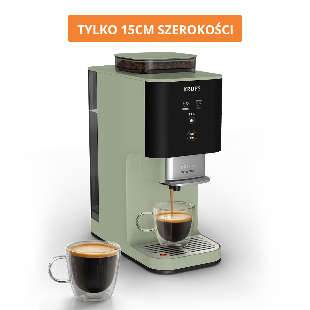 Zielona kawiarka Krups parzy espresso do szklanek. Ziarna na górze.