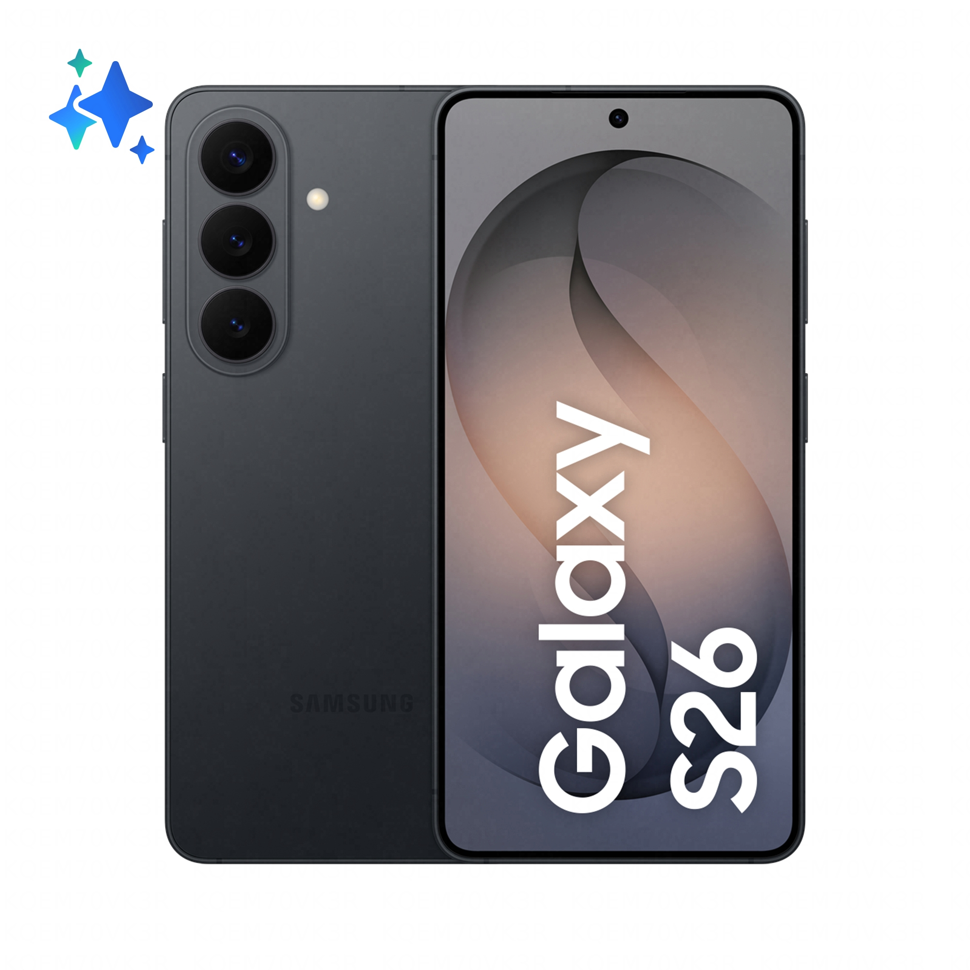 Ciemny smartfon Samsung Galaxy S26 z trzema aparatami i lampą błyskową.