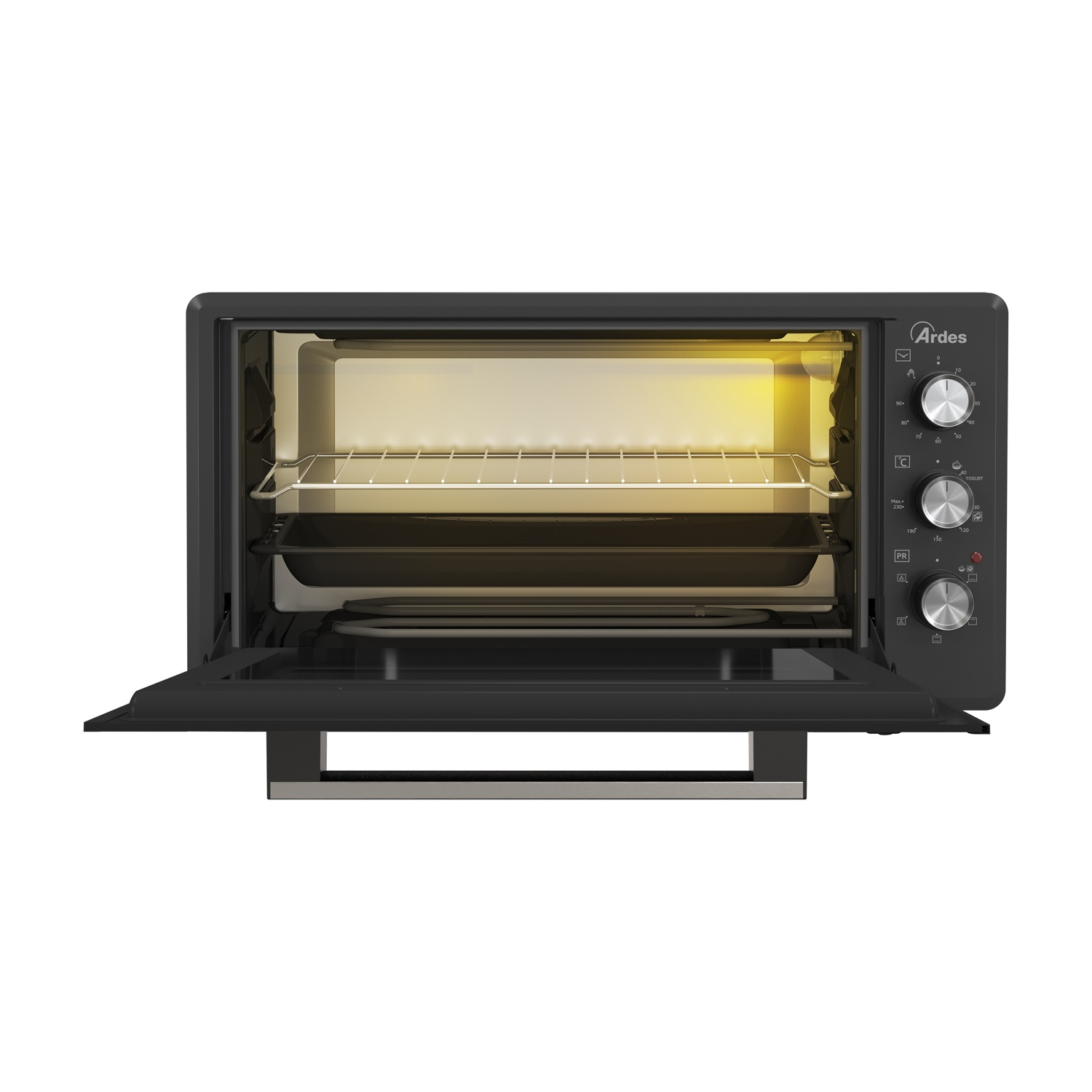 Un forno Ardes nero con porta aperta, con griglia e teglie all'interno.