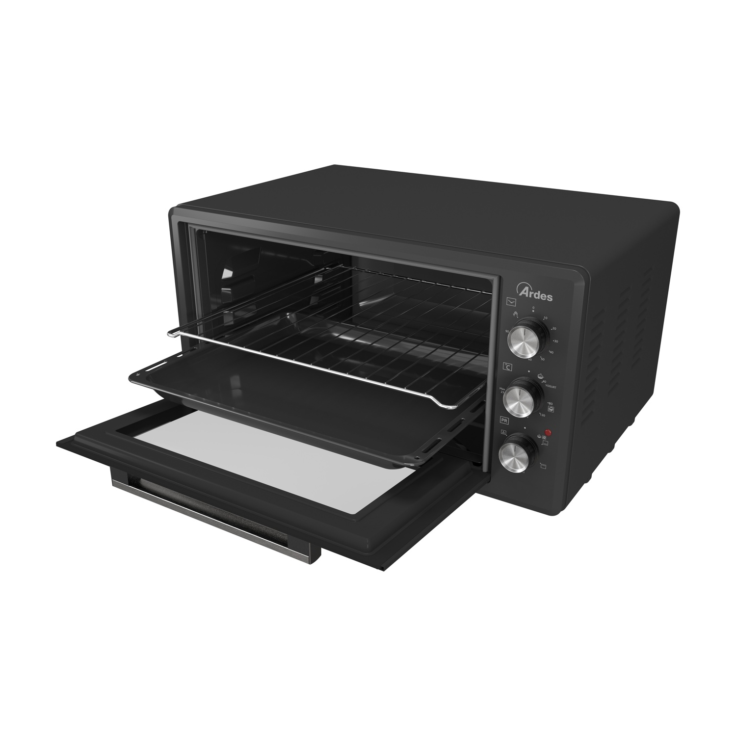 Un forno da appoggio nero con sportello aperto e una griglia all'interno.