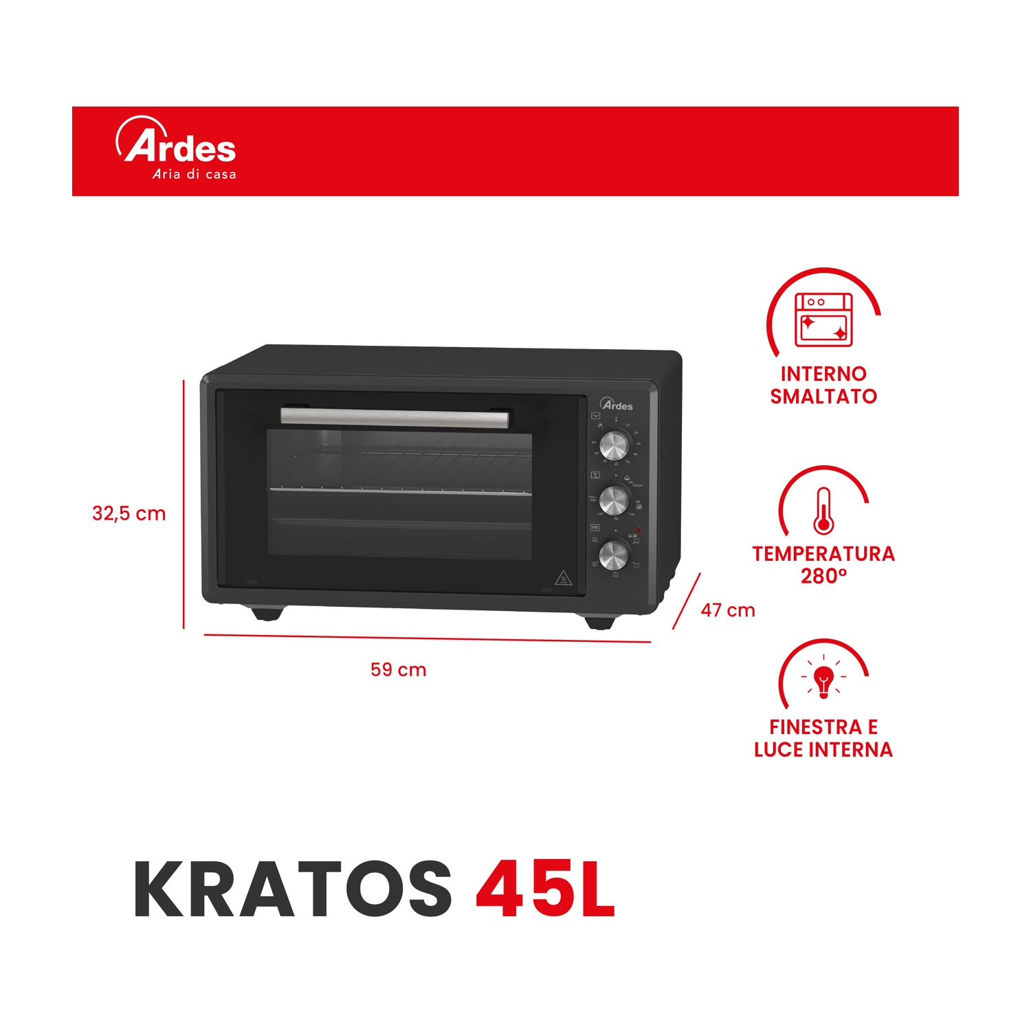 Forno nero 59x32,5x47cm, 280°C, luce interna.