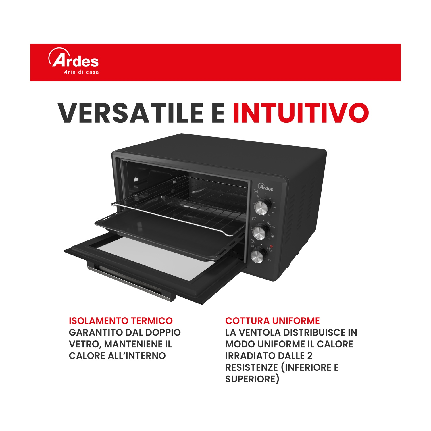 Forno Ardes nero con porta aperta, interno visibile. Testo su isolamento e cottura uniforme.