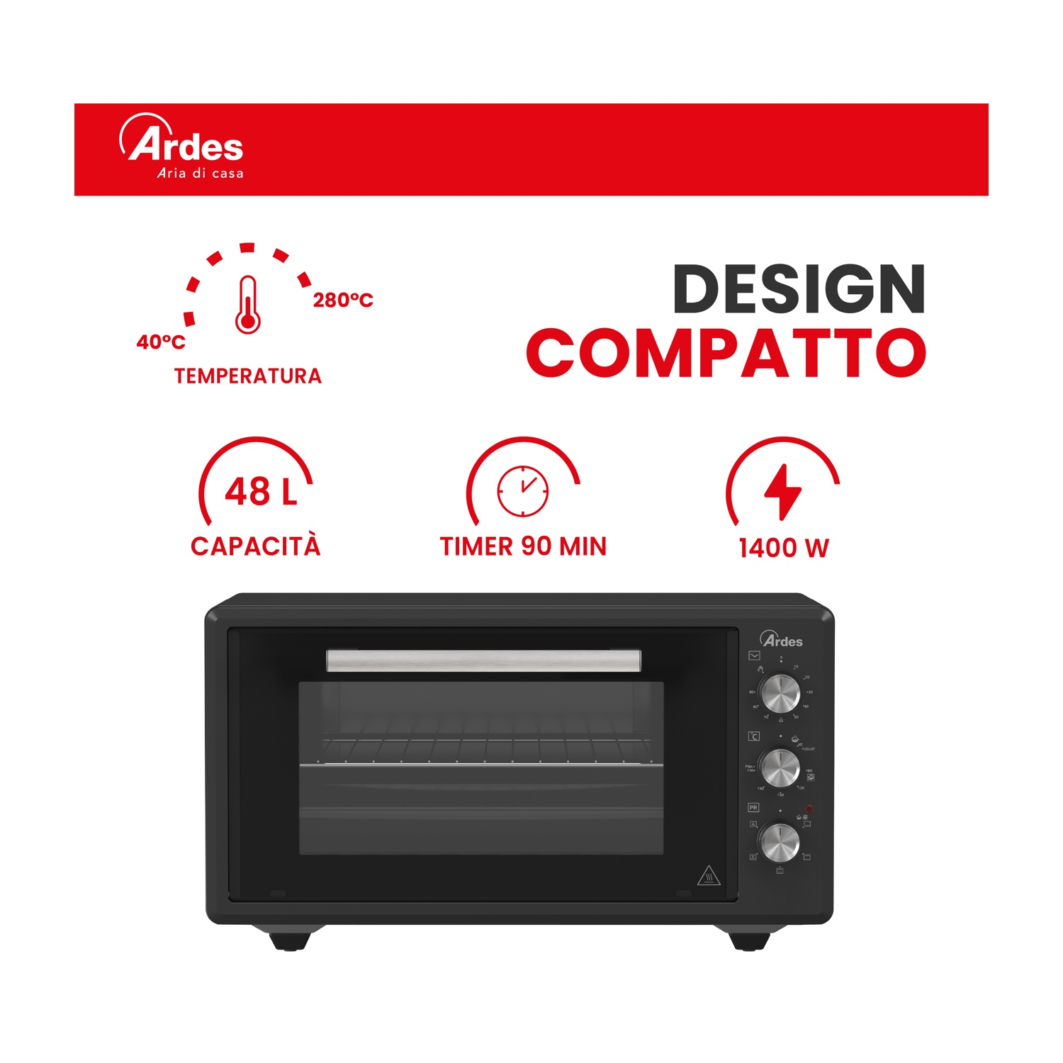 Forno Ardes nero con indicatori di temperatura, capacità e timer.