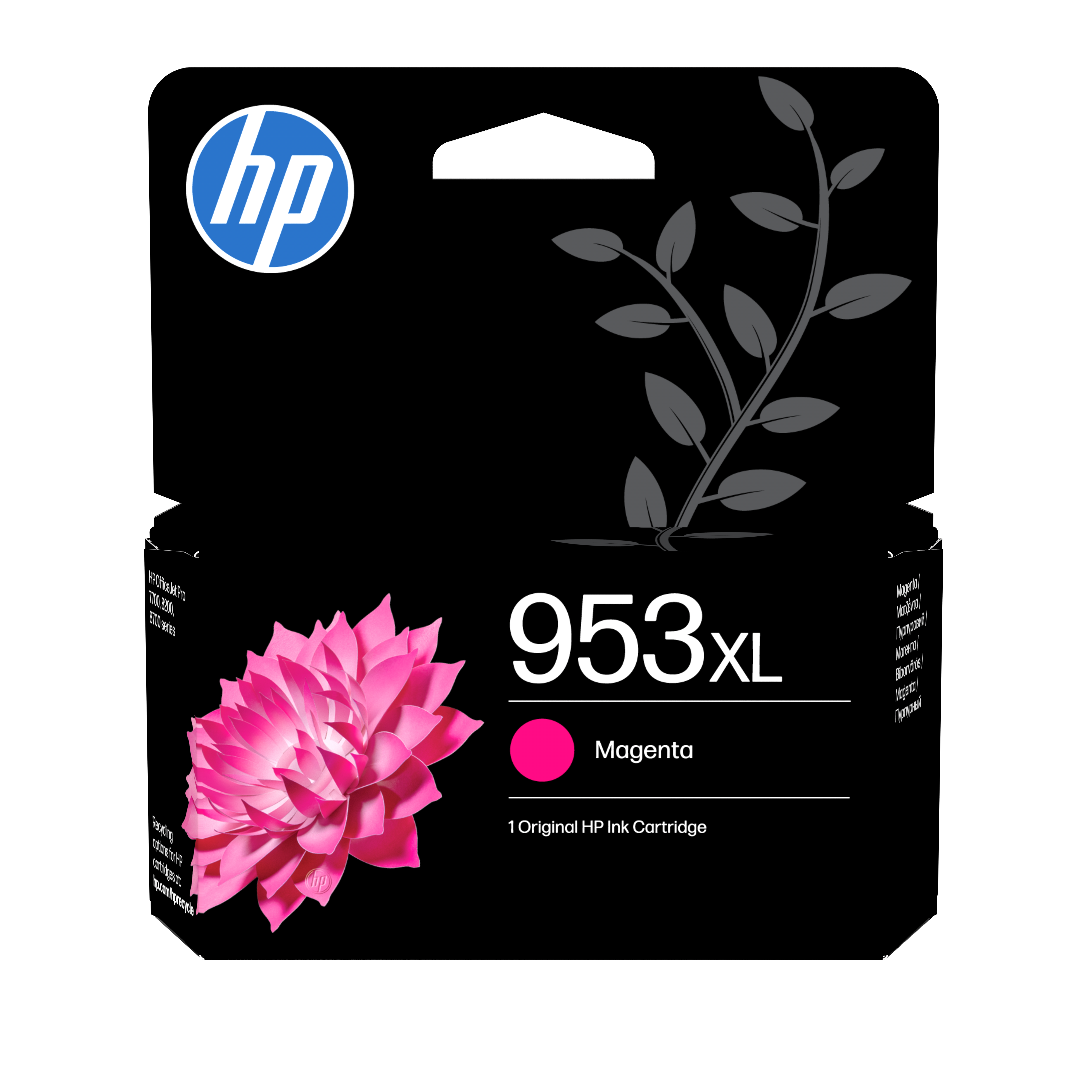HP 953XL Magenta ink cartridge with pink flower and HP logo.