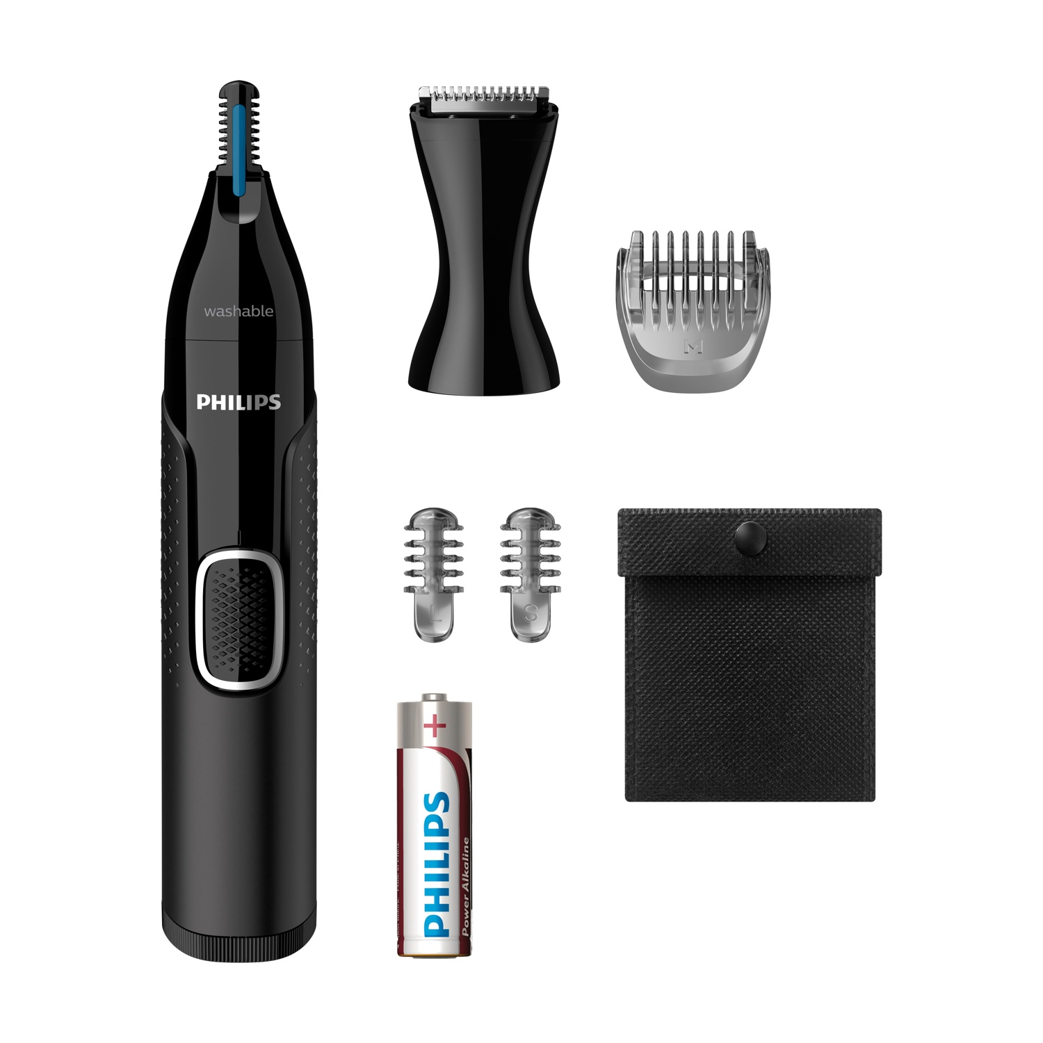 Tagliabasette Philips nero con accessori: batteria, accessori, custodia.
