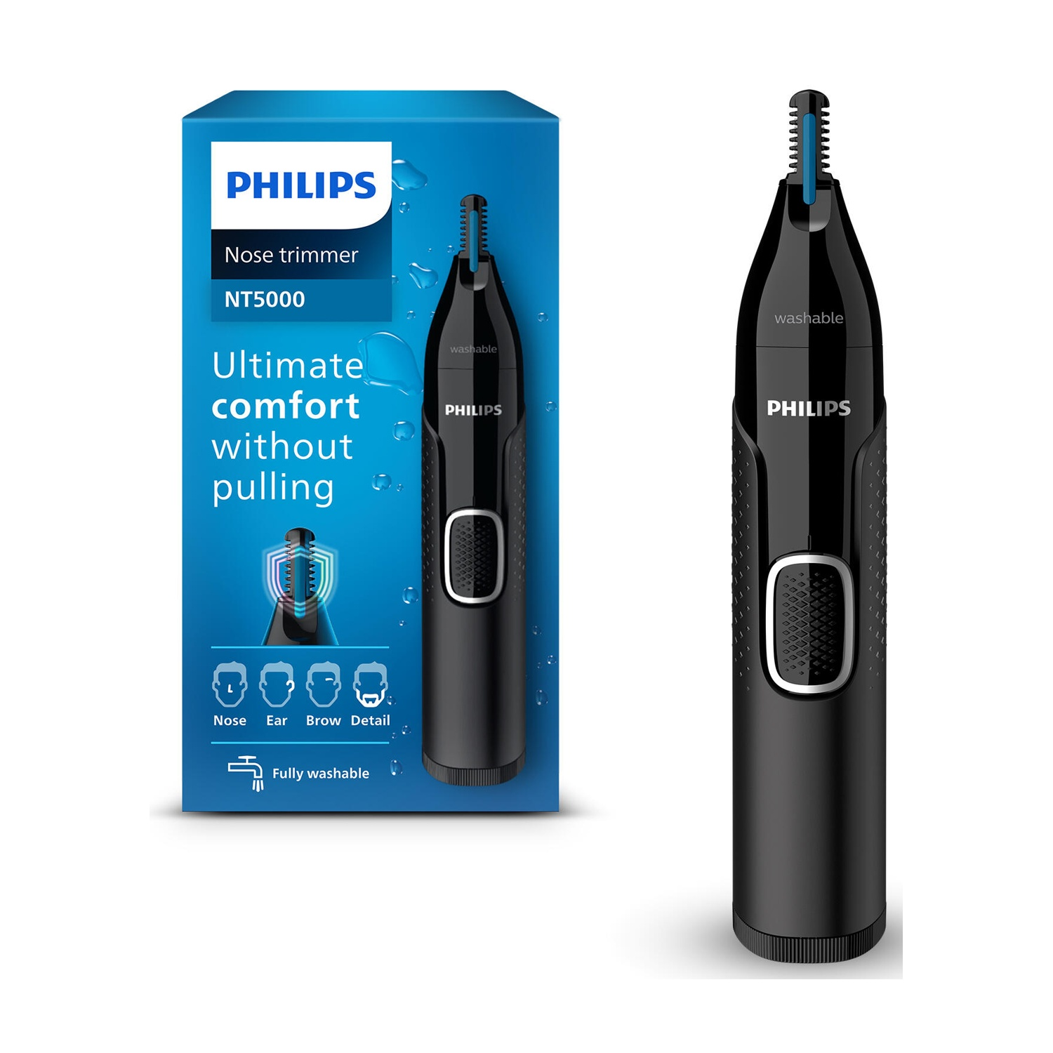 Tagliacapelli naso Philips NT5000, nero, lavabile, con scatola e dispositivo.