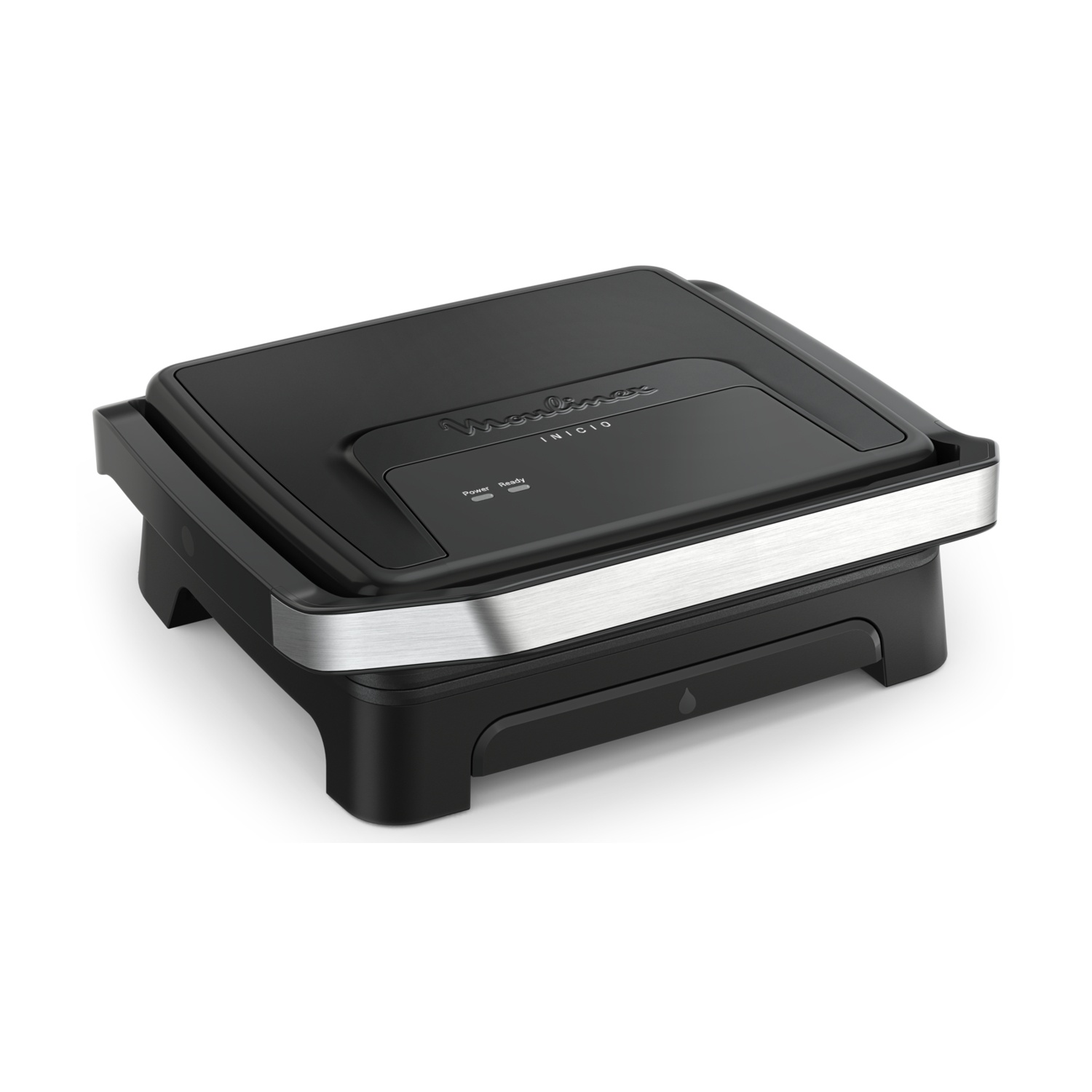 Grill a contatto nero con finiture argentate e spie.