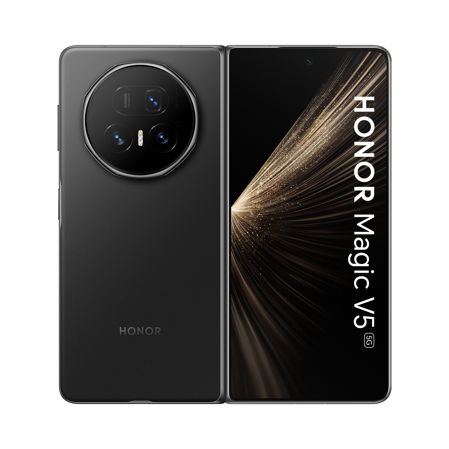 Ein schwarzes faltbares Honor Magic V5 Smartphone mit großem Kamerasystem auf der Rückseite.
