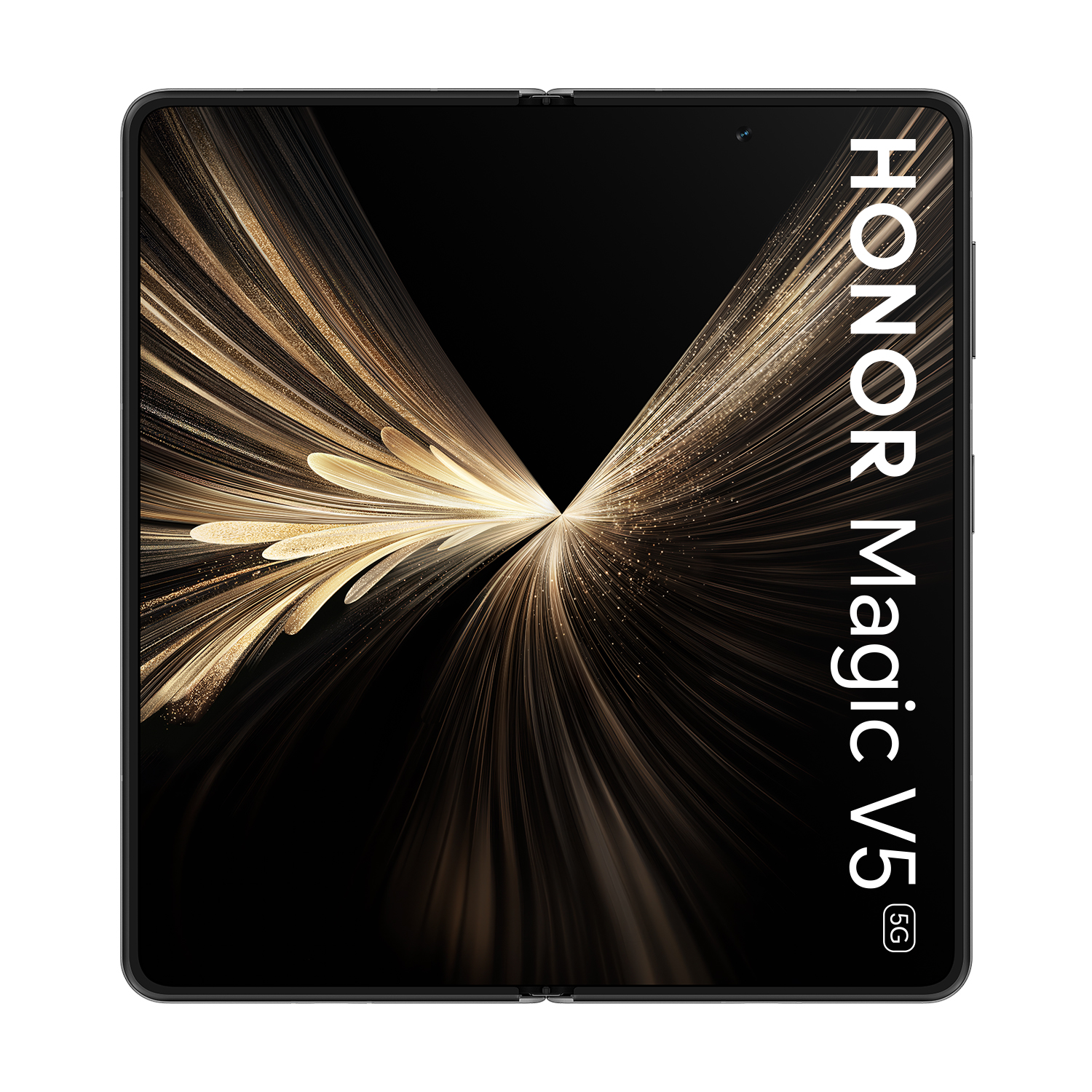 Ein geschlossenes Honor Magic V5 5G Smartphone mit goldener, strahlenförmiger Tapete.