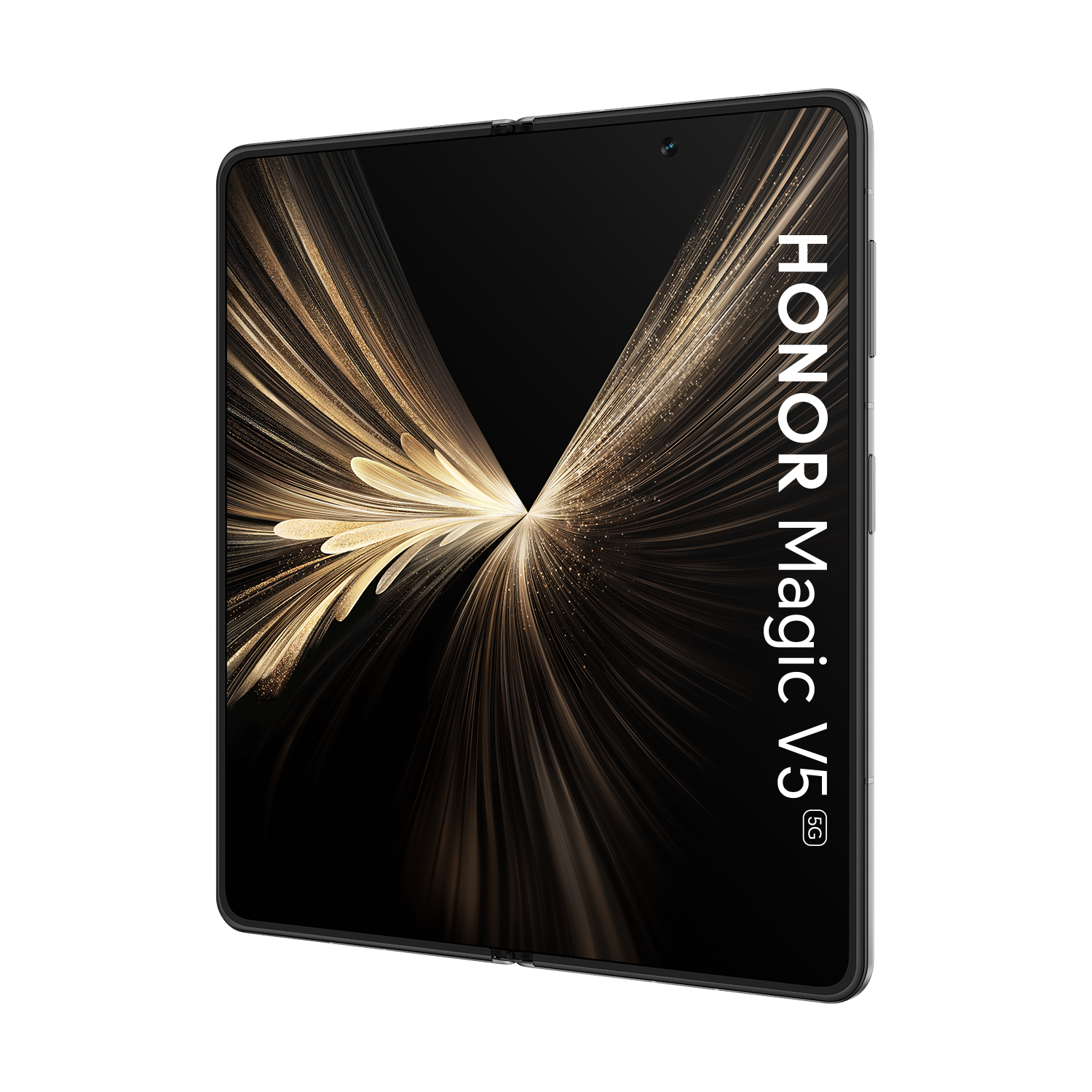 Honor Magic V5 5G Smartphone mit schwarzem Bildschirm und goldenem Muster.