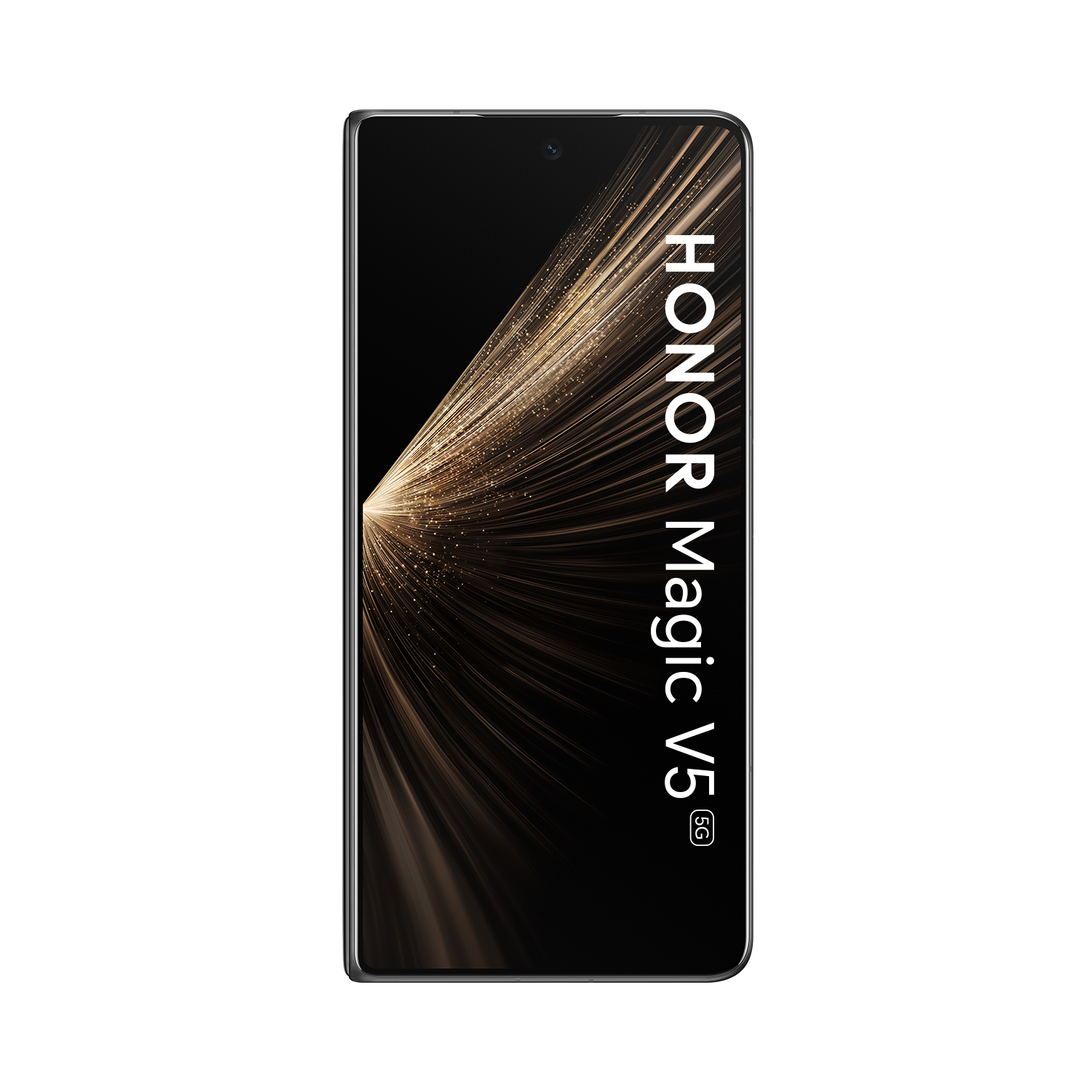 Ein HONOR Magic V5 5G Smartphone mit einem dunklen, sternenklaren Hintergrund.