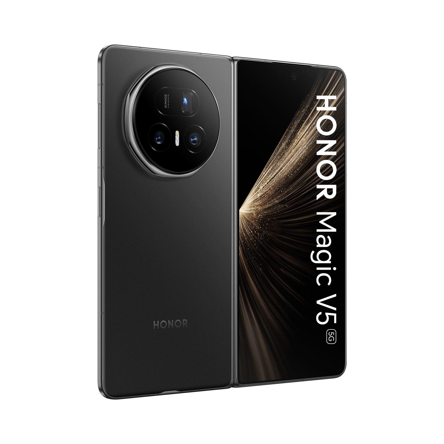 Ein aufgeschlagenes, schwarzes Honor Magic V5 5G Smartphone mit Kameras auf der Rückseite.