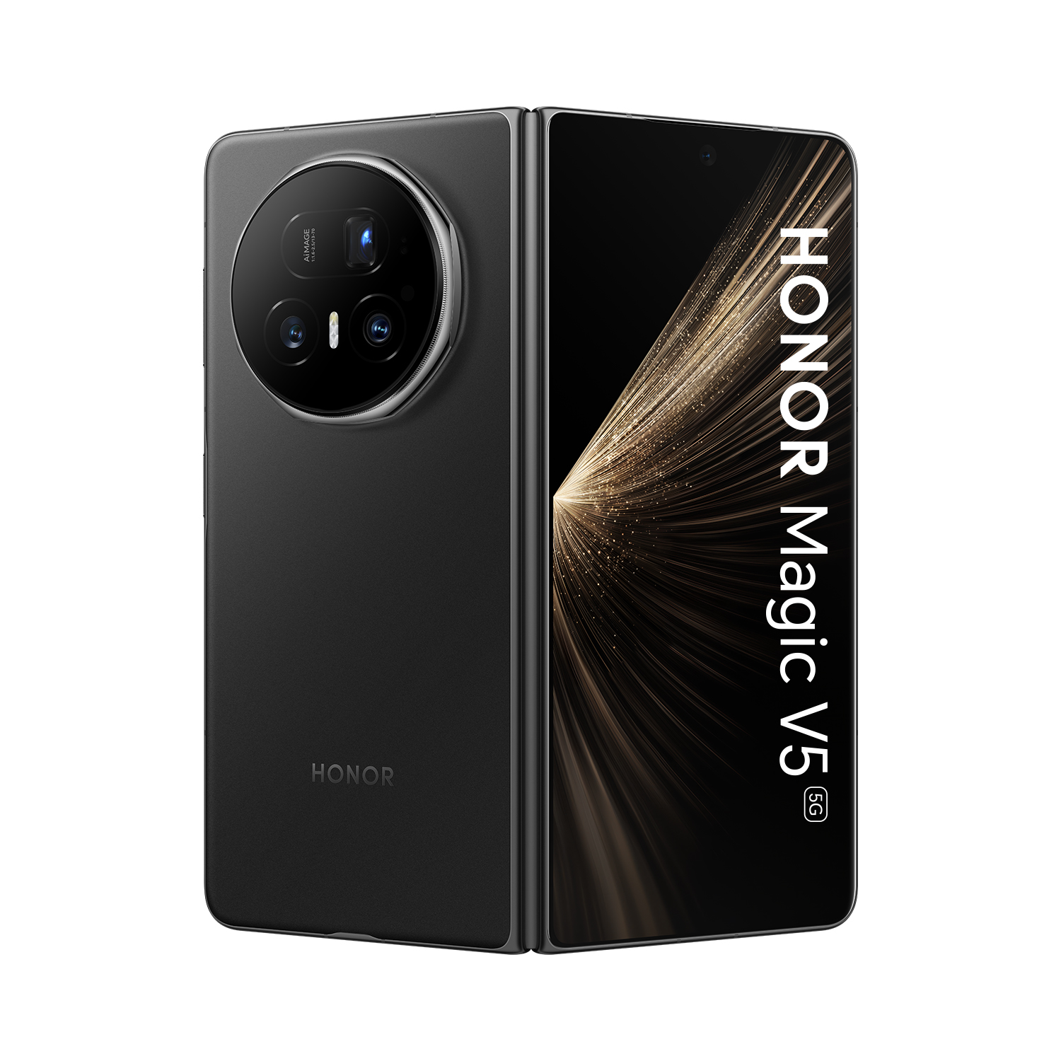 Schwarzes faltbares Honor Magic V5 Smartphone mit drei Kameras auf der Rückseite.