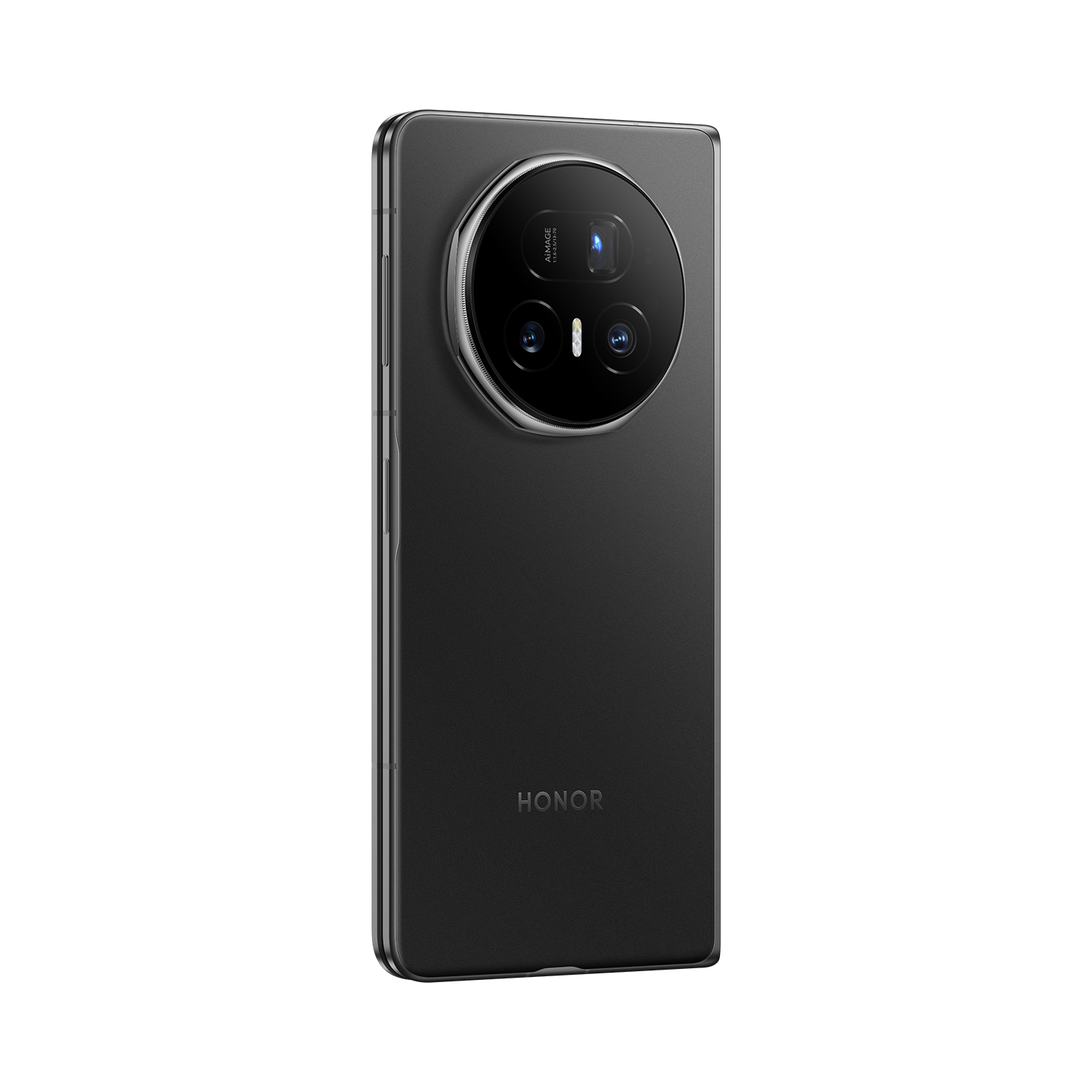 Schwarzes Smartphone mit runder Kameramodul-Einheit auf der Rückseite.