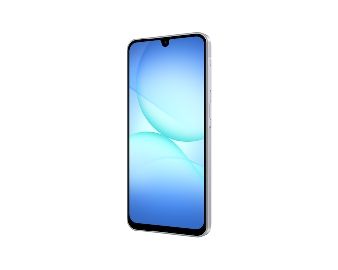 Srebrny smartfon z niebieską tapetą i dwoma półprzezroczystymi okręgami.