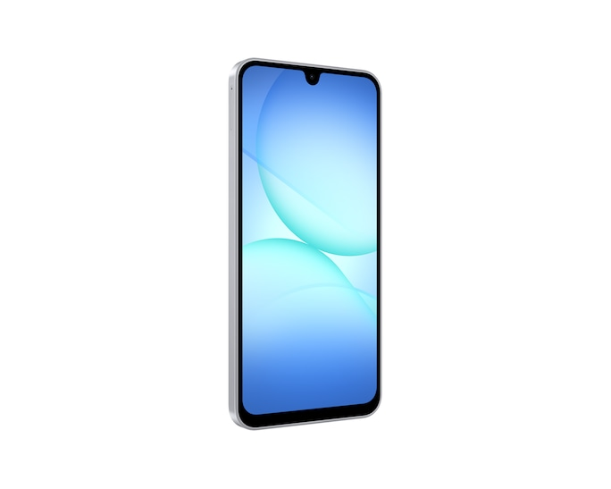 Srebrny smartfon z niebieskim tłem na ekranie.