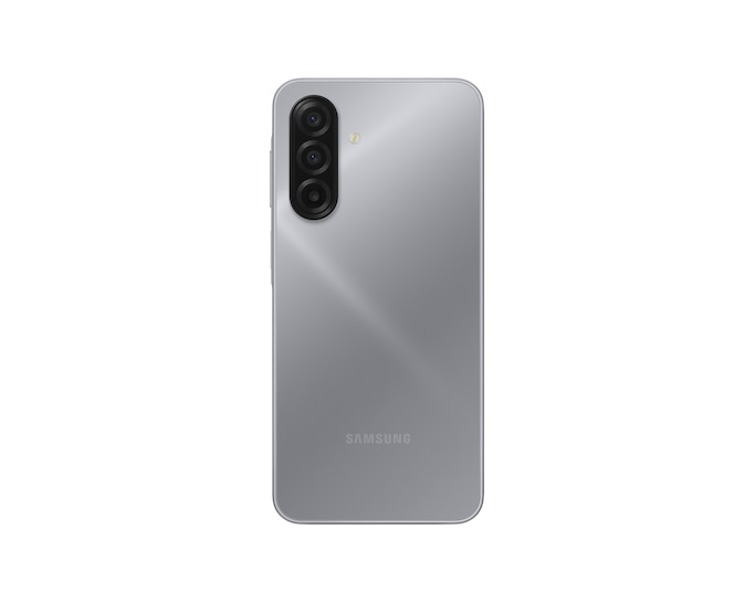 Tył srebrnego smartfona z trzema aparatami i logo Samsung.