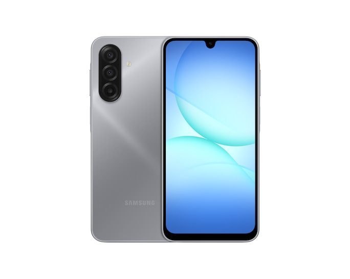 Srebrny smartfon z trzema tylnymi aparatami i niebieskim ekranem.