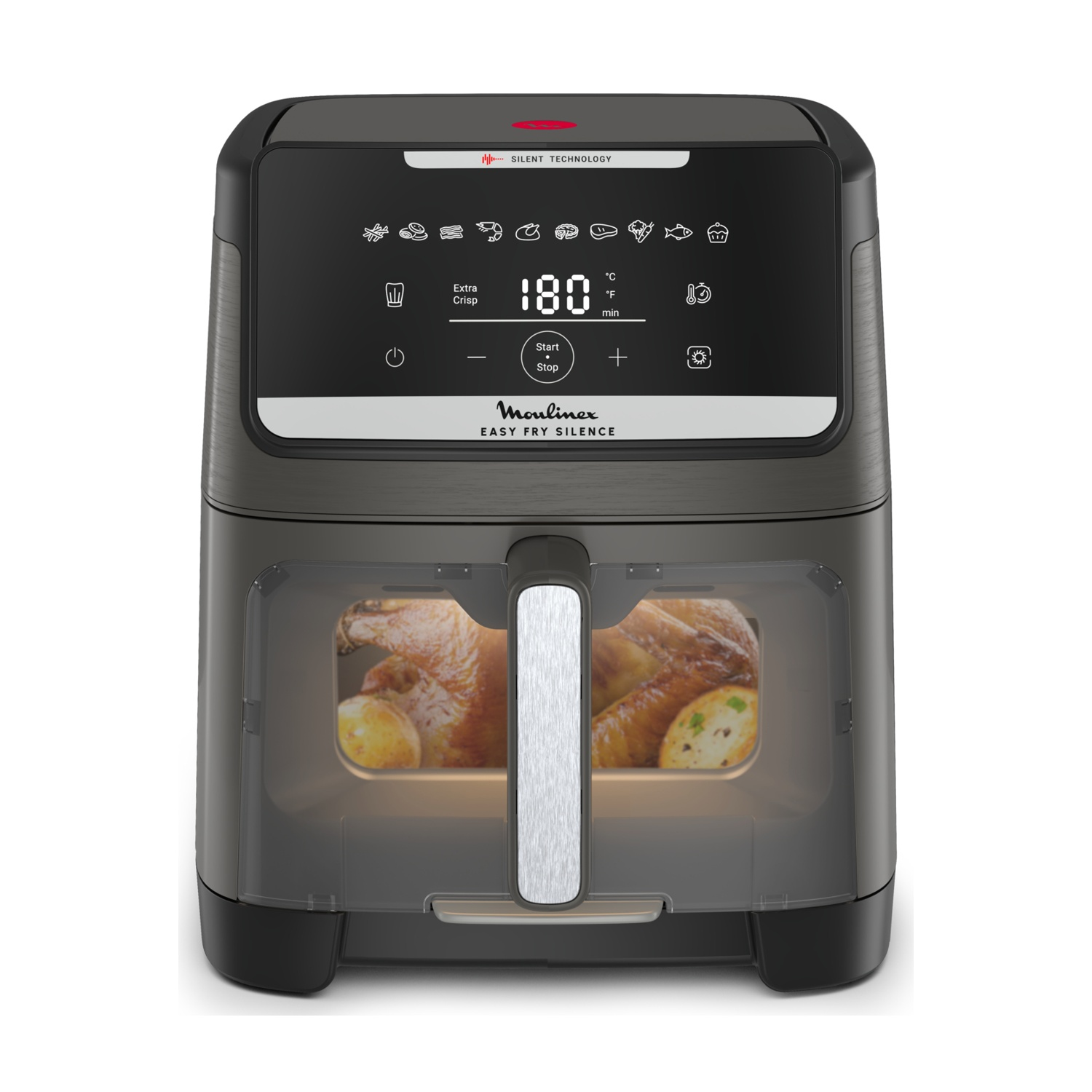 Una friggitrice ad aria Moulinex scura con pollo arrosto e patate all'interno.