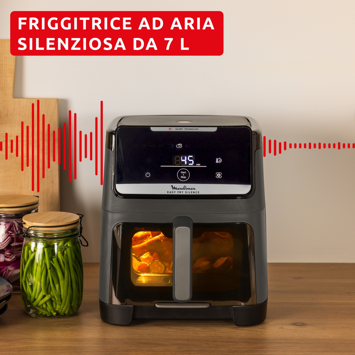 Friggitrice ad aria nera con finestra, accanto a barattoli di cibo. Grafica onde sonore.