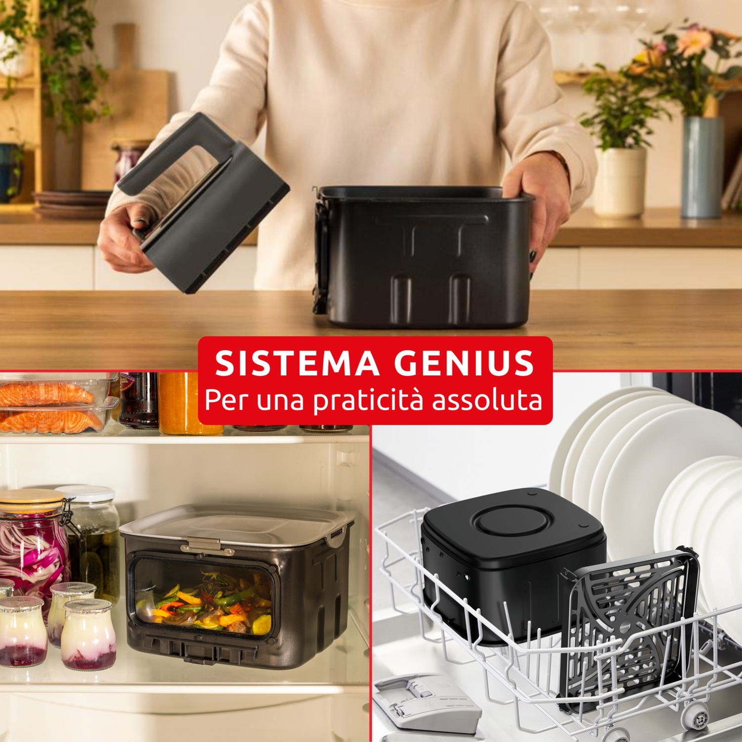 Un cestello per friggitrice ad aria viene mostrato mentre viene rimosso, in un frigorifero e in una lavastoviglie.