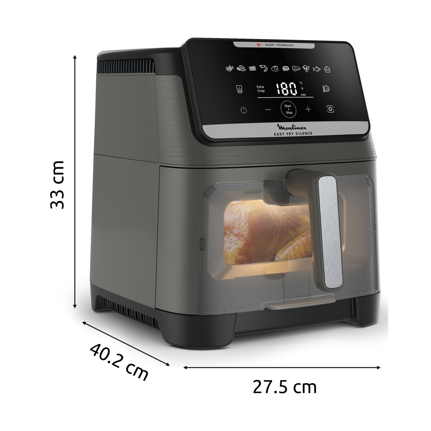 Una friggitrice ad aria Moulinex grigia con display digitale che mostra 180C. Dimensioni: 33cm A, 40.2cm P, 27.5cm L.