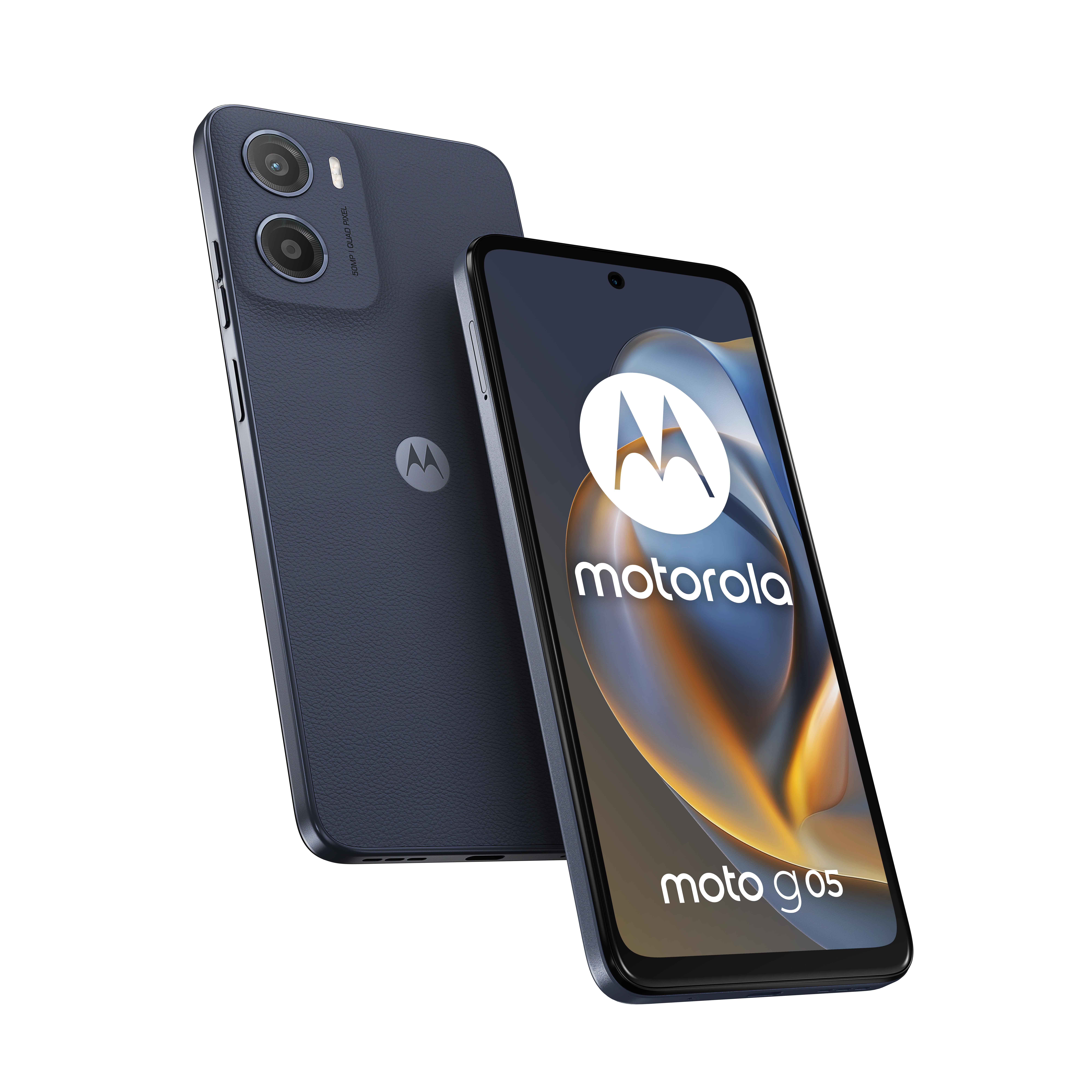 Ciemnoniebieski smartfon Motorola Moto G05 z podwójnym aparatem z tyłu.