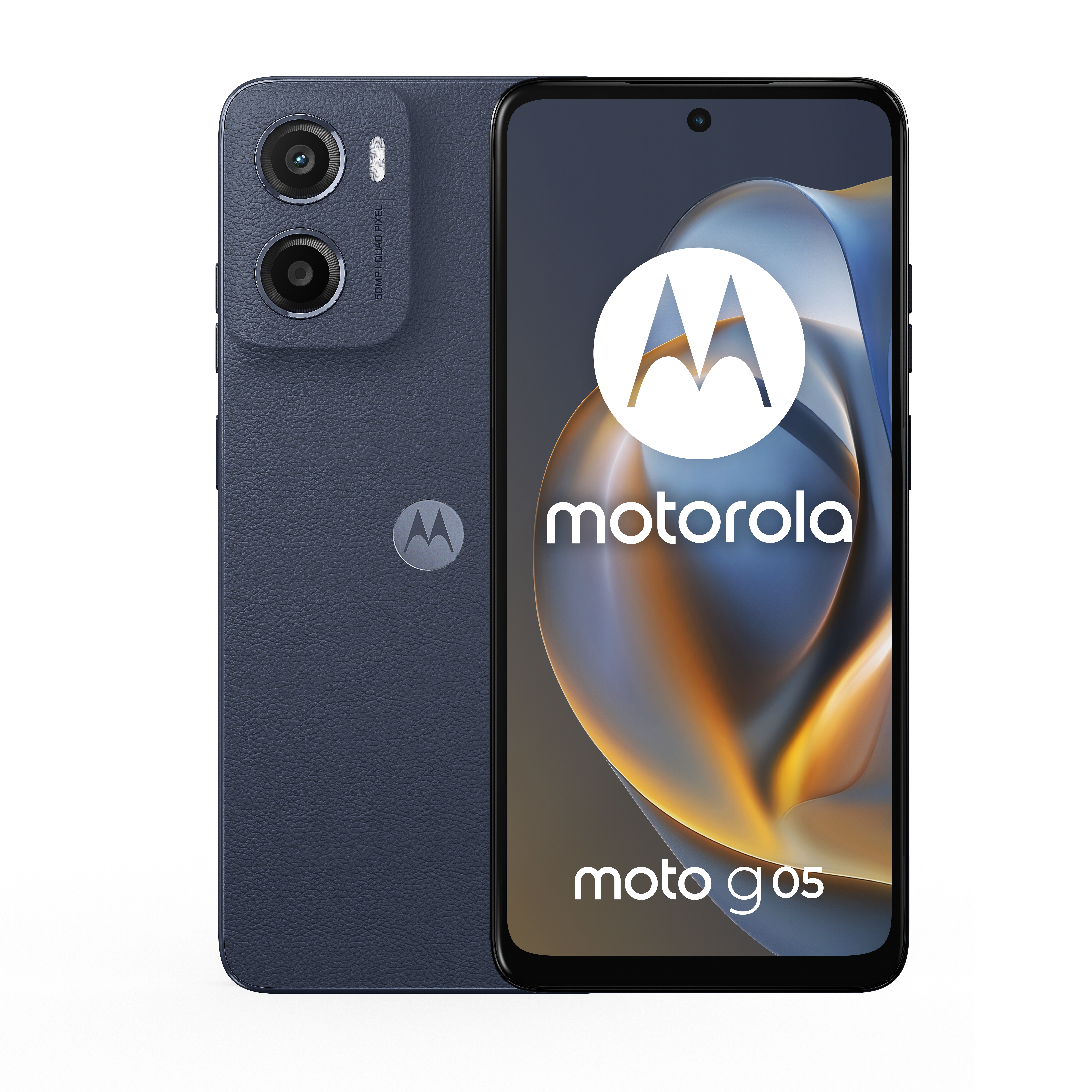 Ciemnoniebieski smartfon Motorola Moto G05 z podwójnym aparatem.