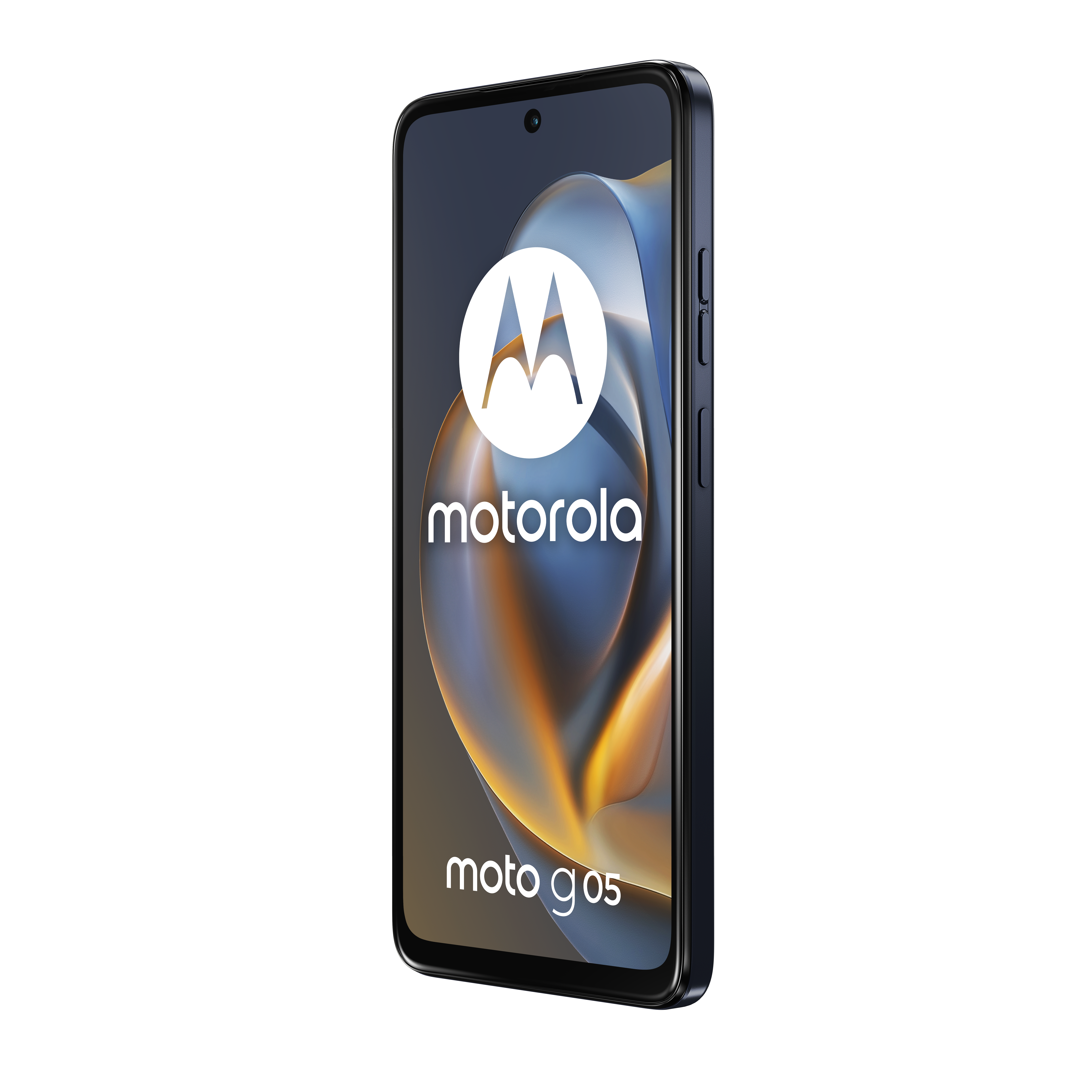 Ciemny smartfon Motorola Moto G05 wyświetlający kolorową tapetę.