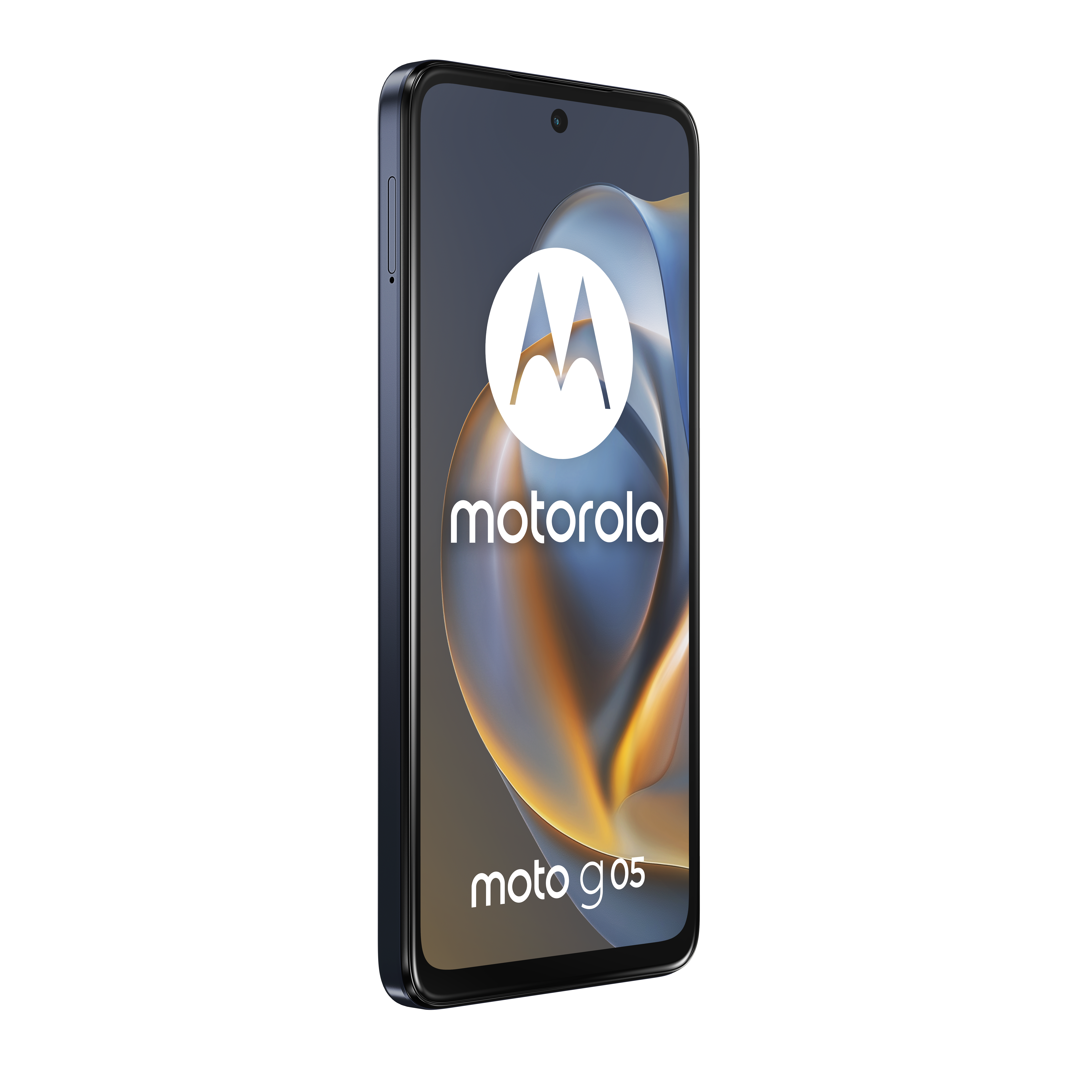 Ciemnoniebieski smartfon Motorola Moto G05 z logo i wzorem Motoroli.