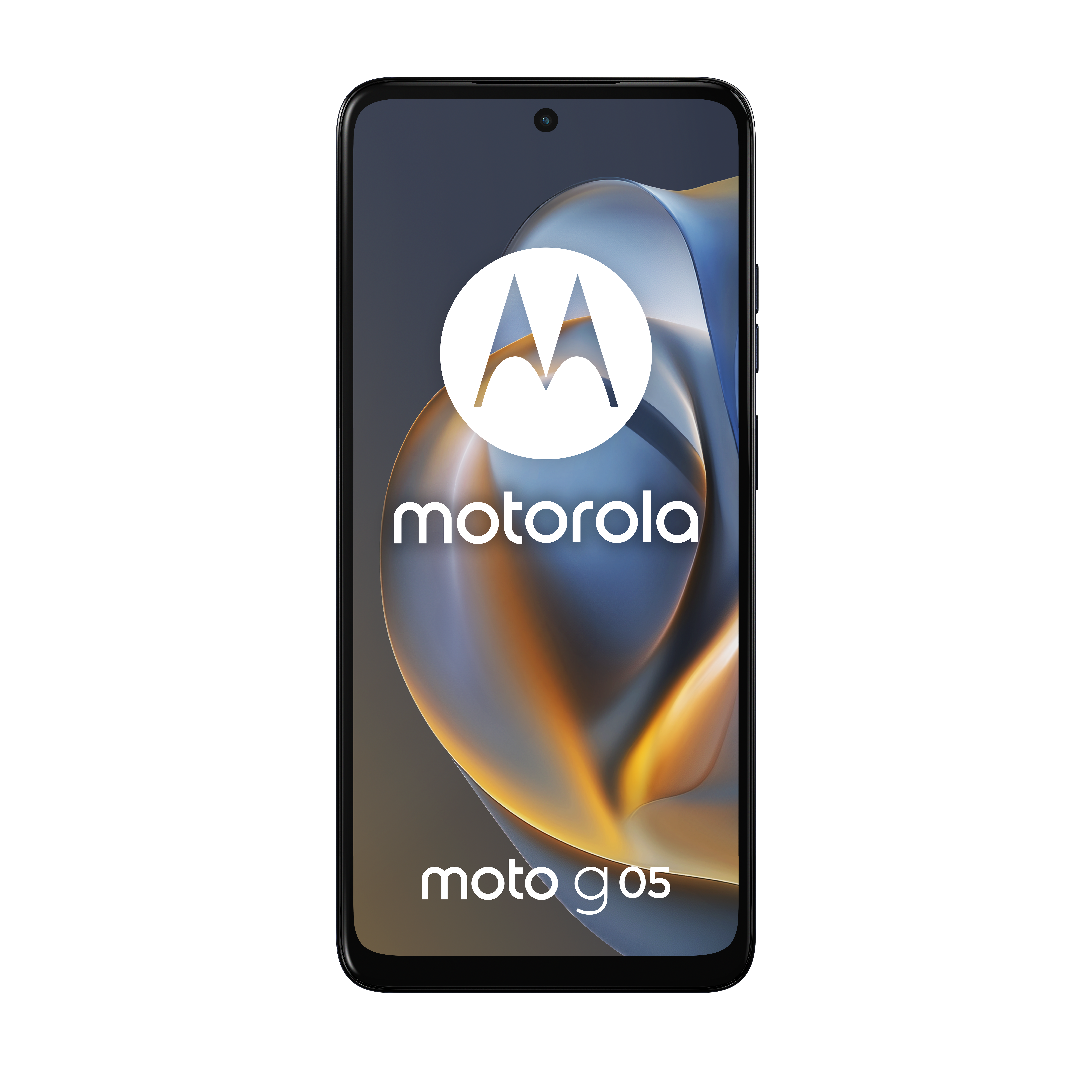 Czarny smartfon Motorola Moto G05 z stylizowanym tłem.