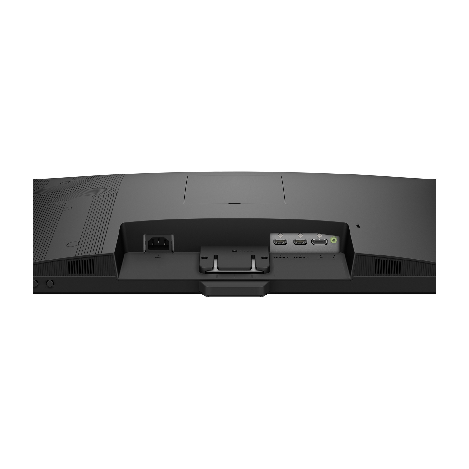 Retro di un monitor nero con connessioni di alimentazione, HDMI, DisplayPort e audio.
