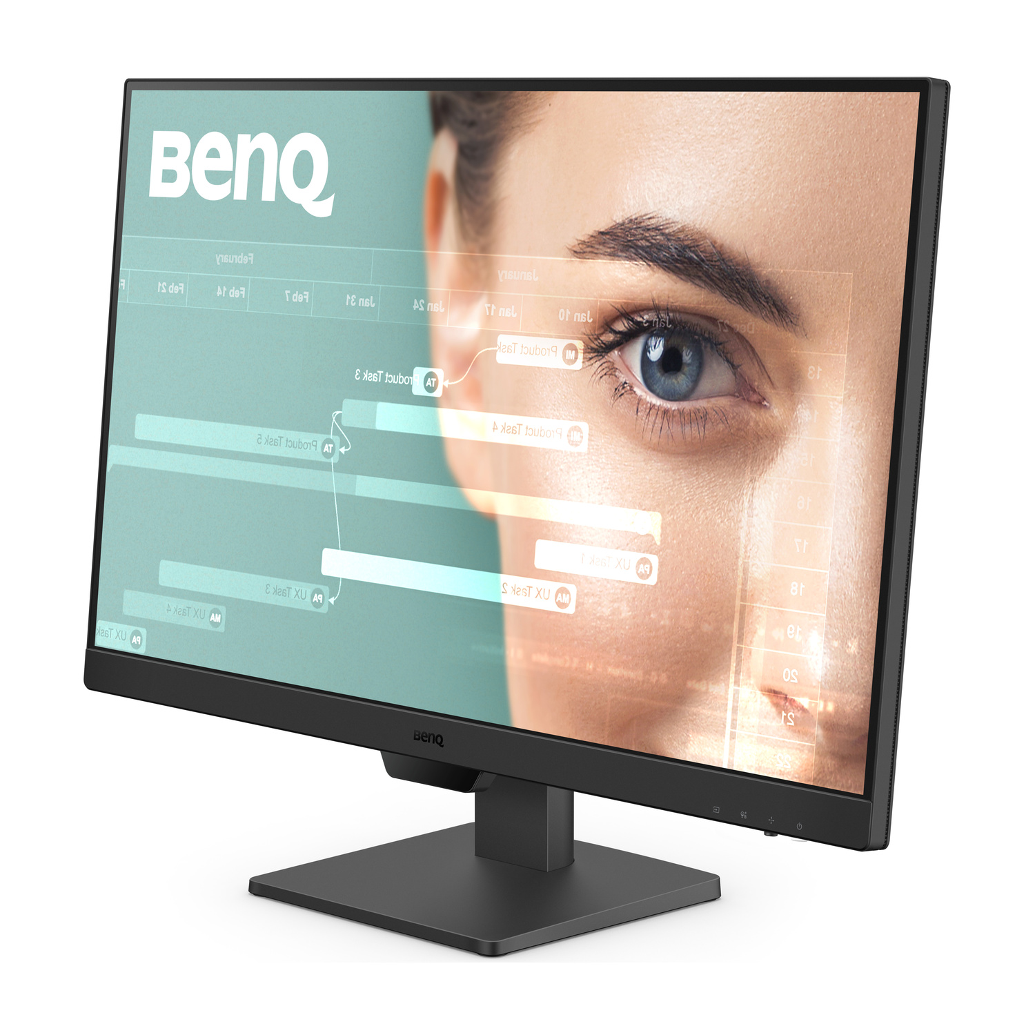Un monitor BenQ mostra un occhio e infografiche con testo.