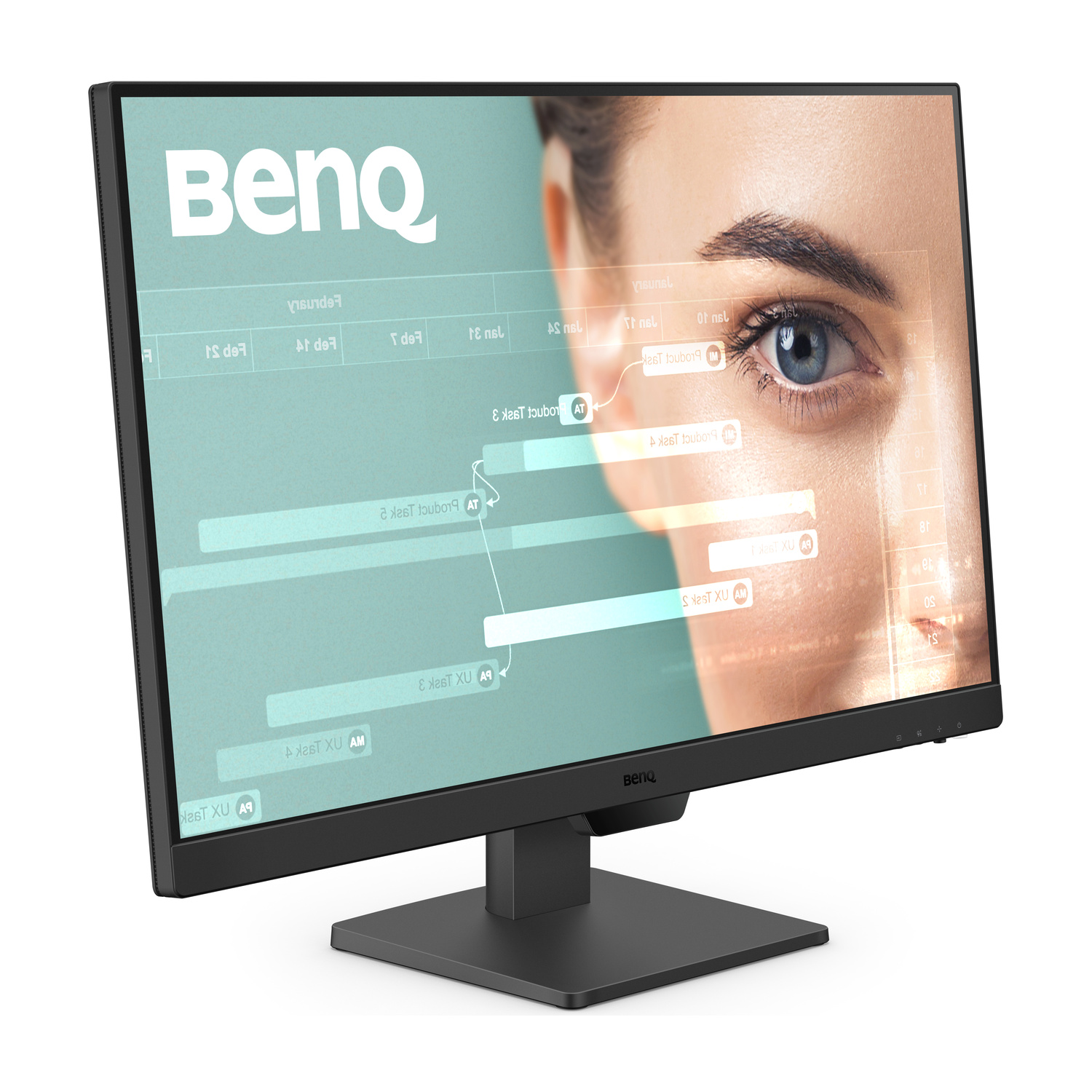 Monitor BenQ mostra primo piano occhio donna su sfondo turchese con testo.