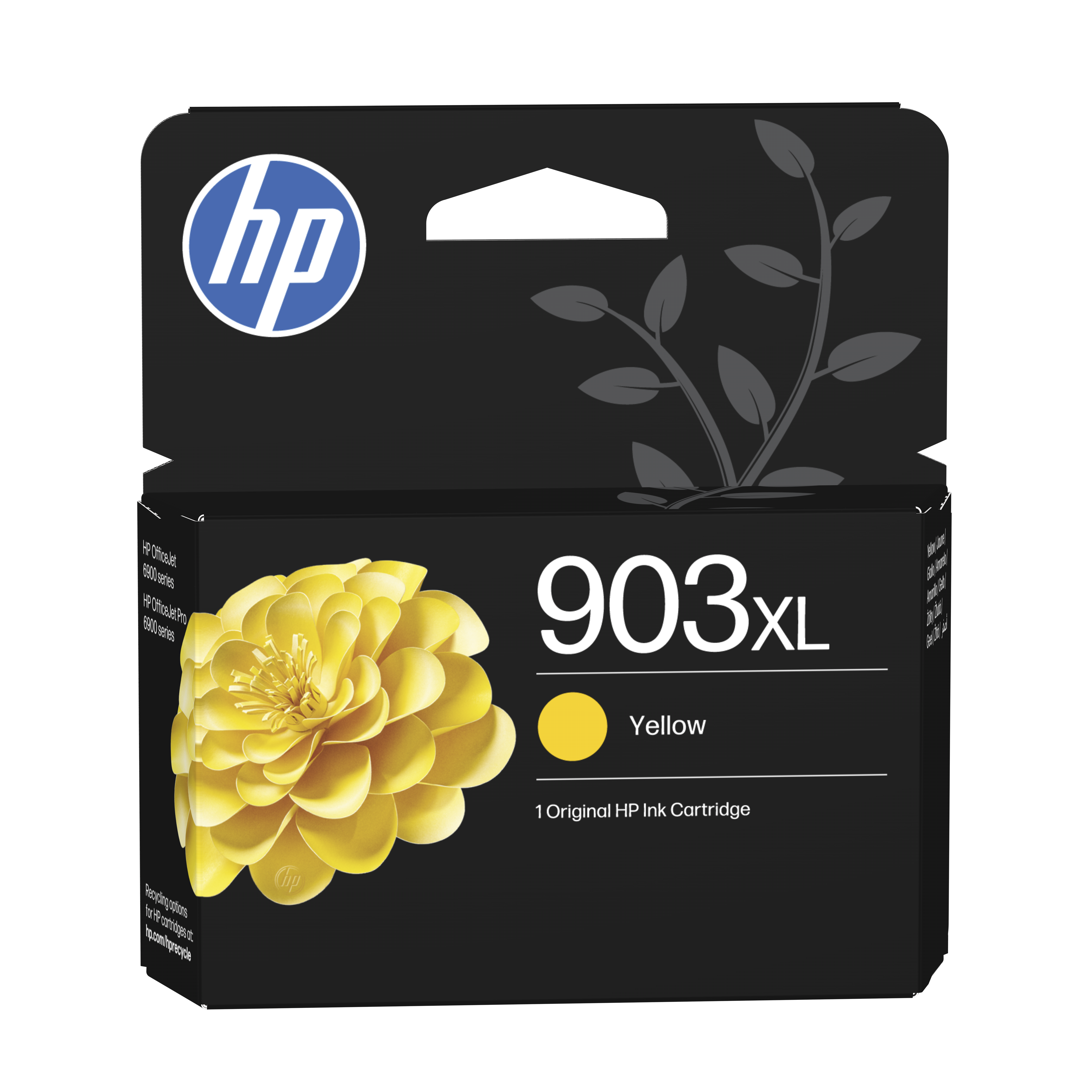 HP 903XL Yellow ink cartridge with yellow flower and HP logo.
