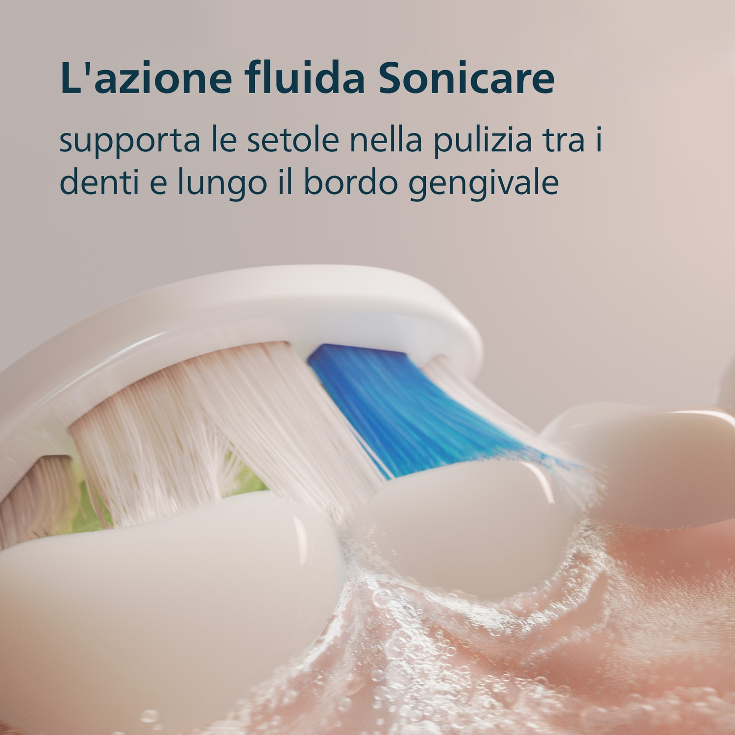 Spazzolino elettrico con setole bianche e blu pulisce i denti con schiuma.